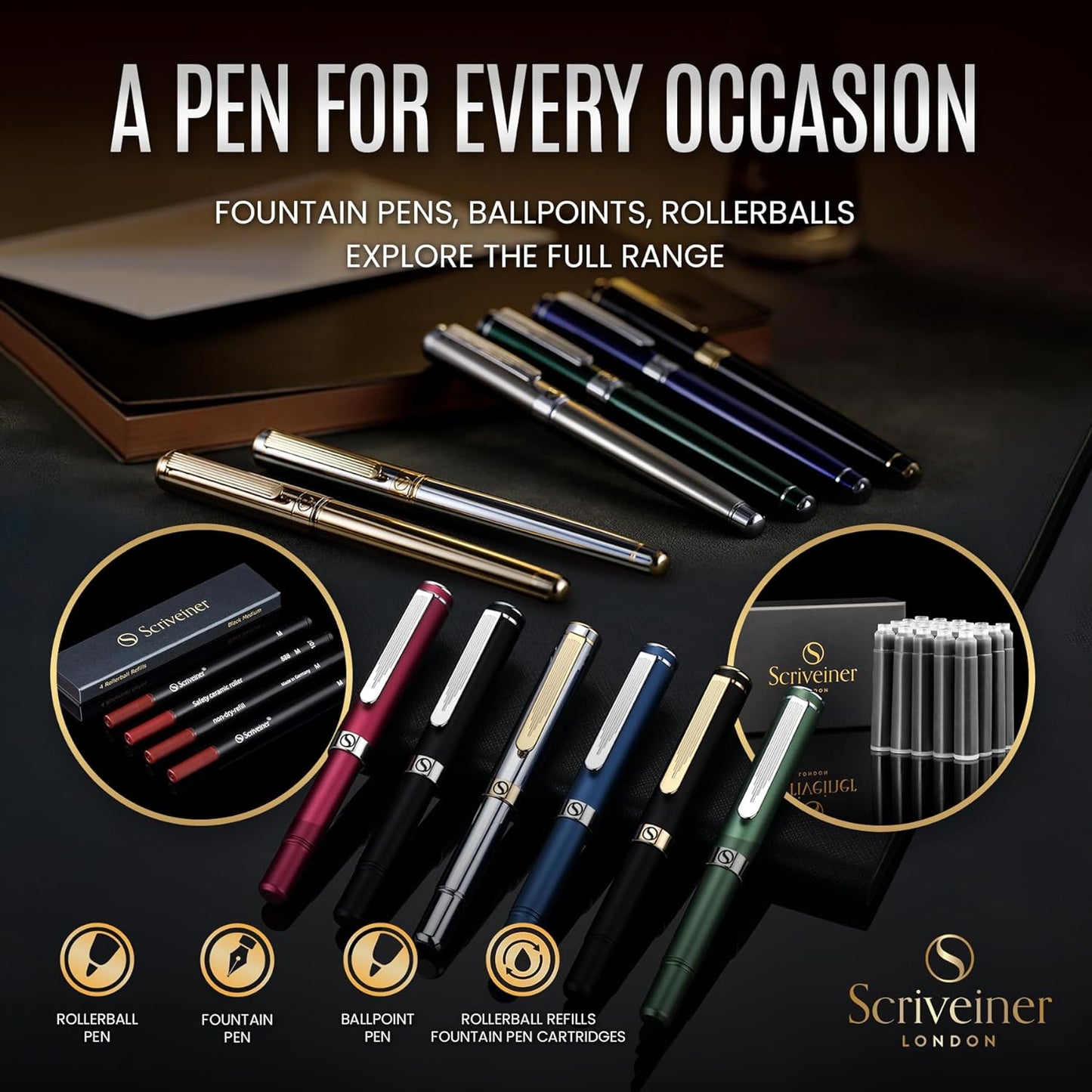 Scriveiner Gold Ballpoint Pen - Stunning Luxury Pen, Real Gold Plating, Schmidt Black Refill, Best Ball Pen Gift Set for Men & Women, Professional Executive Office, Nice Fancy Designer Pens