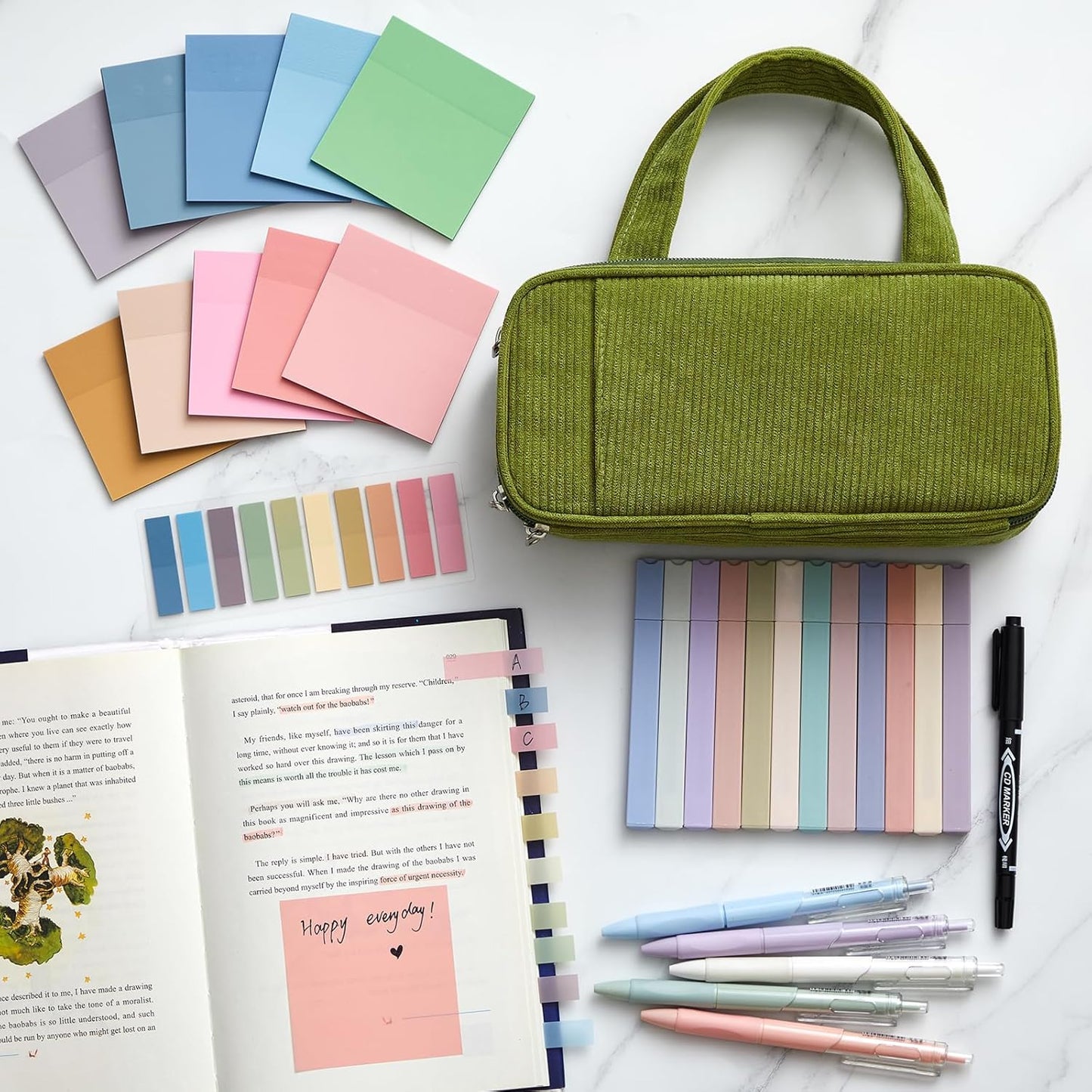 Jutom 39 Pcs Aesthetic Book Annotation Kit Highlighter with Pencil Case Bag Gel Pen Transparent Sticky Note Taking Bible Study College School Supplies(Green,Classic Style)