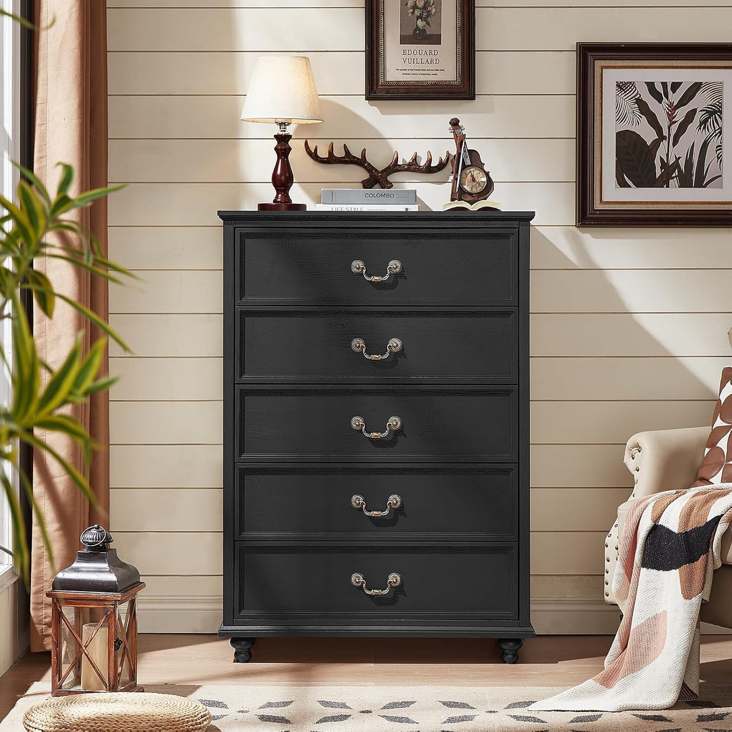 Farmhouse 5 Drawer Dresser for Bedroom, 45" Tall Rustic Chests of Drawers w/ 4 Solid Wood Feet, Mid Century Modern Wooden Closet Storage Dressers Organizer for Living Room, Hallway, Black