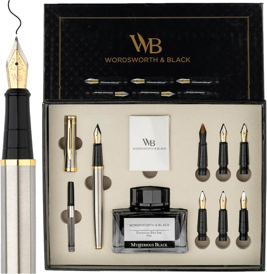 Wordsworth & Black Calligraphy Pen Gift Set, Includes Bottle, 6 Cartridges, Refill Converter, 6 Replacement Nibs, Premium Package, Journaling, Smooth Writing Pens [Silver Gold]
