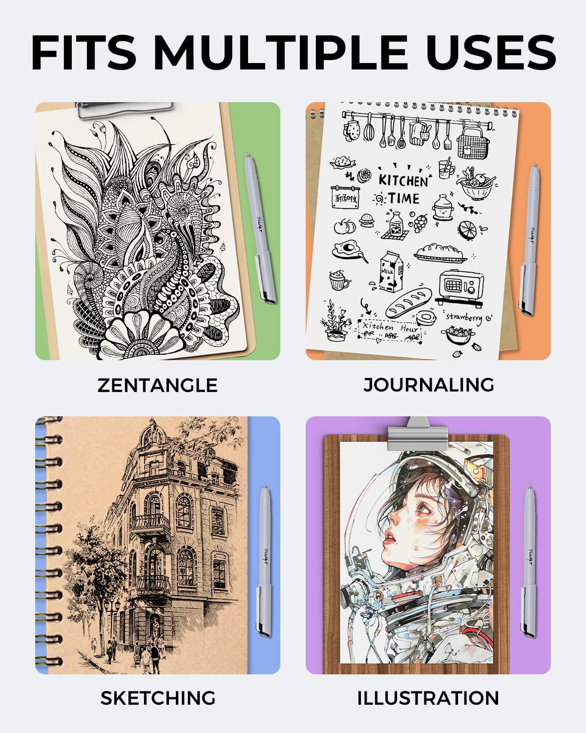 JusArt Fineliner Pens, 8 Size, Ultra Fine, Fine & Brush, Waterproof Black Pigment Ink Drawing Pens for Illustration, Sketching, Writing, Journaling, Bible Notes, Technical Drawing pens