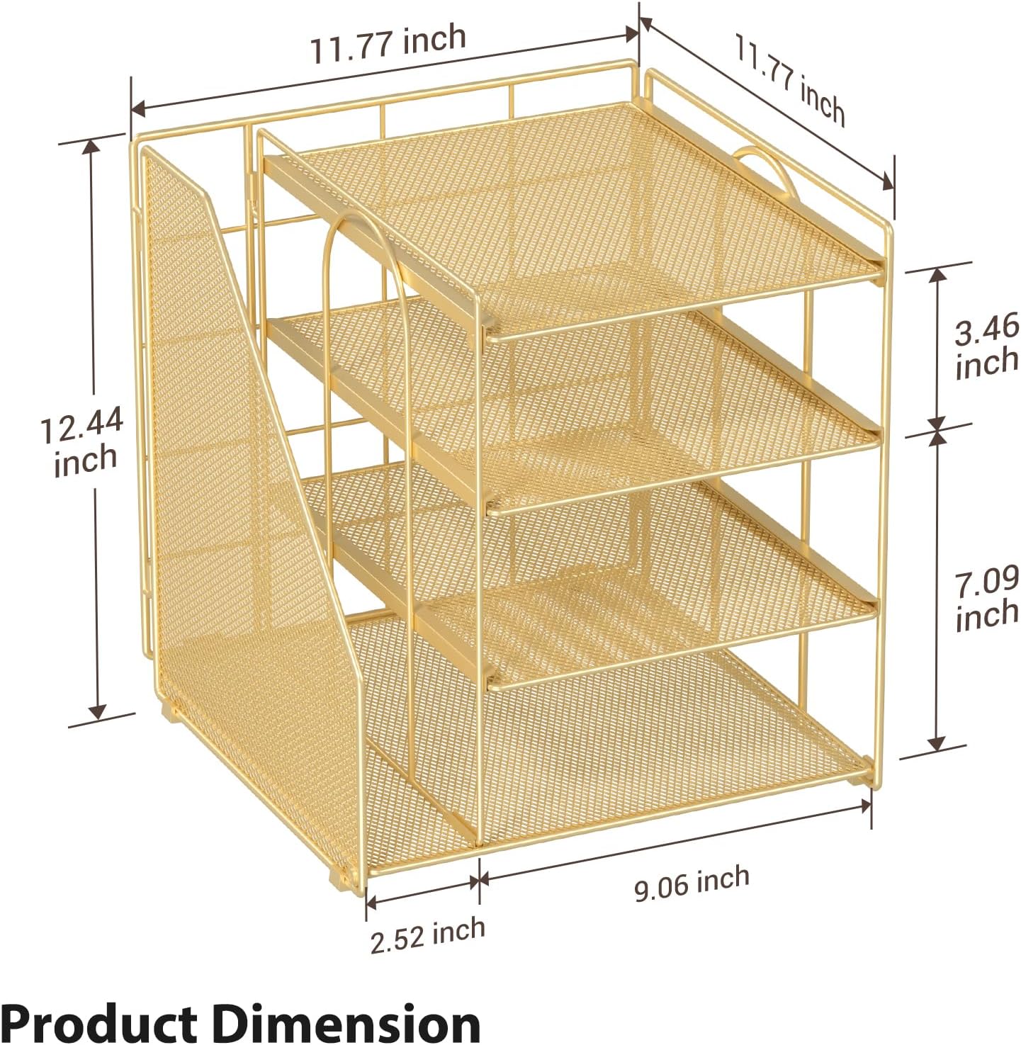 Desk File Organizer and Accessories, 4-Tier Paper Organizer with Vertical File Holder, Office Desk Accessories & Workspace Organizers and Storage for Office Supplies (Gold)