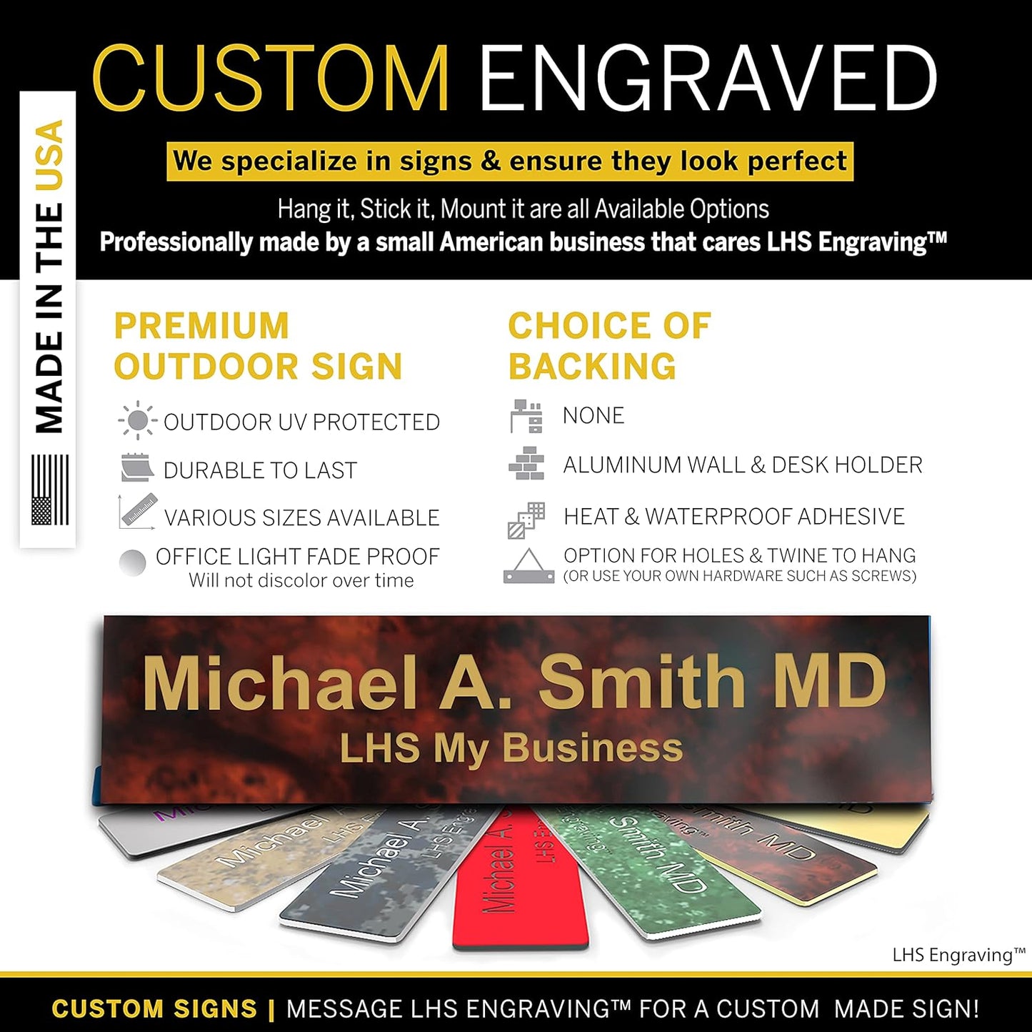 Engraved Name Plates for Door Sign Personalized Burlwood Plastic Plaque with Gold Letters - Made in USA 2x12 N2