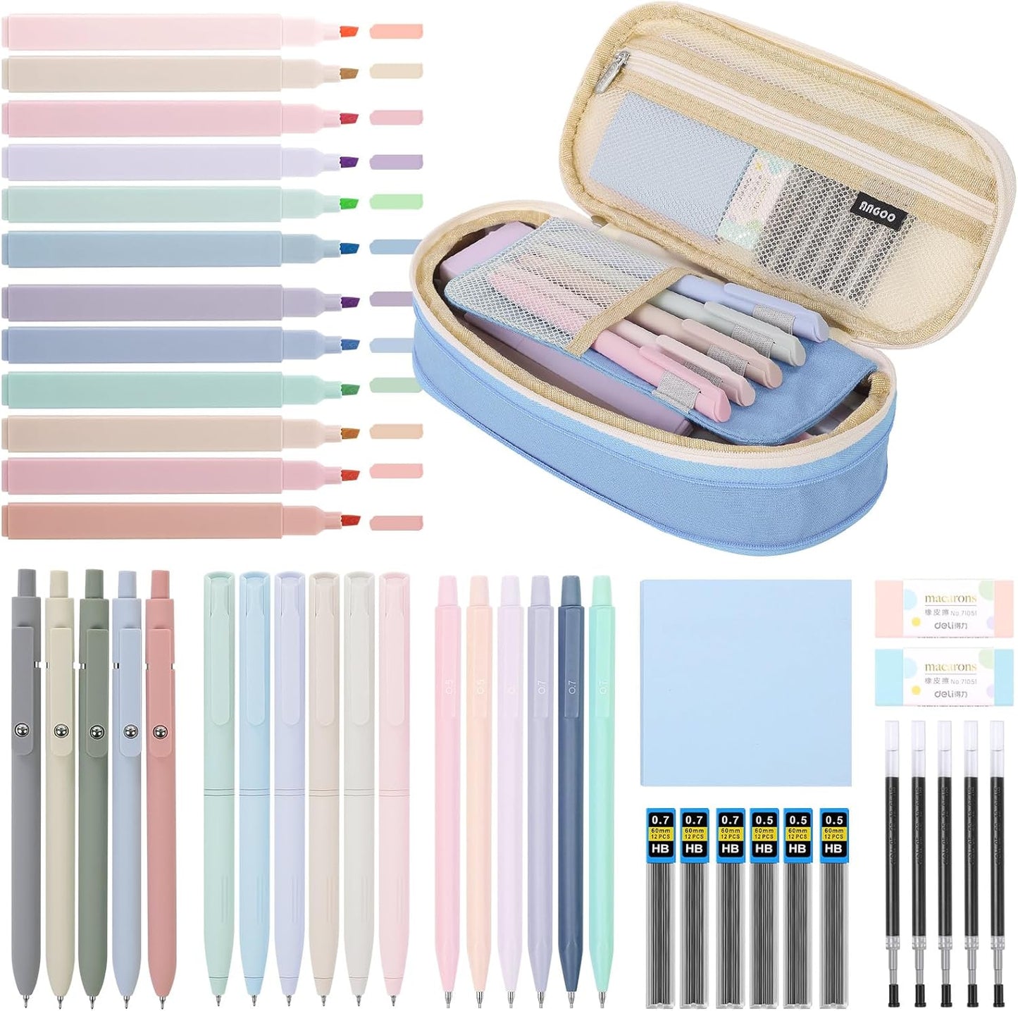 SKYDUE Cute School Supplies 44 PCS, Aesthetic Pencil Case with 12 Pastel Highlighters, 5 Black Gel Pens, 6 Color Gel Pens & Mechanical Pencils, College Essentials Students Stationary Set Blue