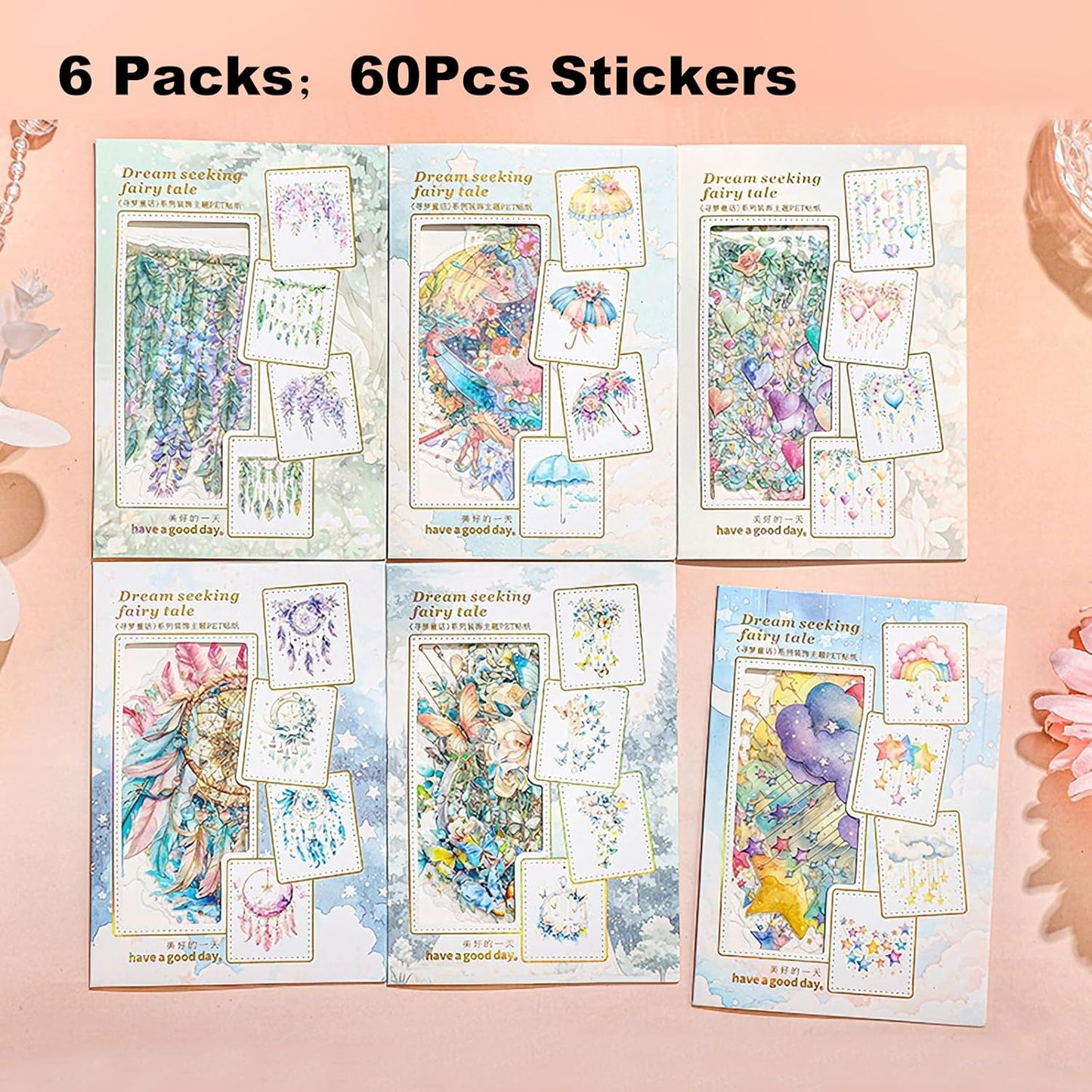 Fairy Tale PET Sticker Set, 60PCS Fantasy Scrapbook Supplies with Gold Foil Accents Waterproof Journal Stickers for DIY Crafts, Planners, and Collages