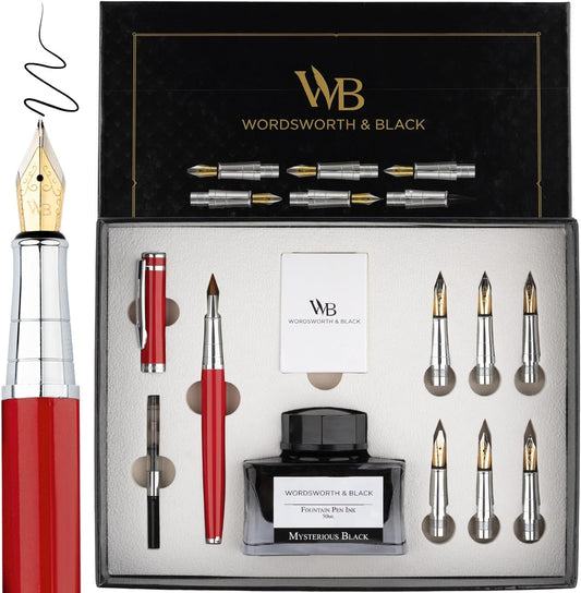 Wordsworth & Black Calligraphy Pen Gift Set, Includes Bottle, 6 Cartridges, Refill Converter, 6 Replacement Nibs, Premium Package, Journaling, Smooth Writing Pens [Red Chrome]