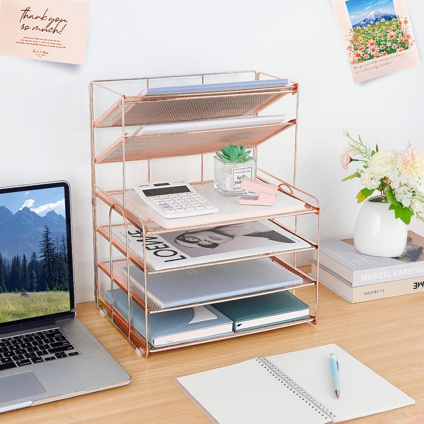 Desk Organizers and Accessories, 6-Tier Letter Tray Paper Organizer, Desktop File Organizer, Office Desk Accessories for Office Supplies (Rose Gold)