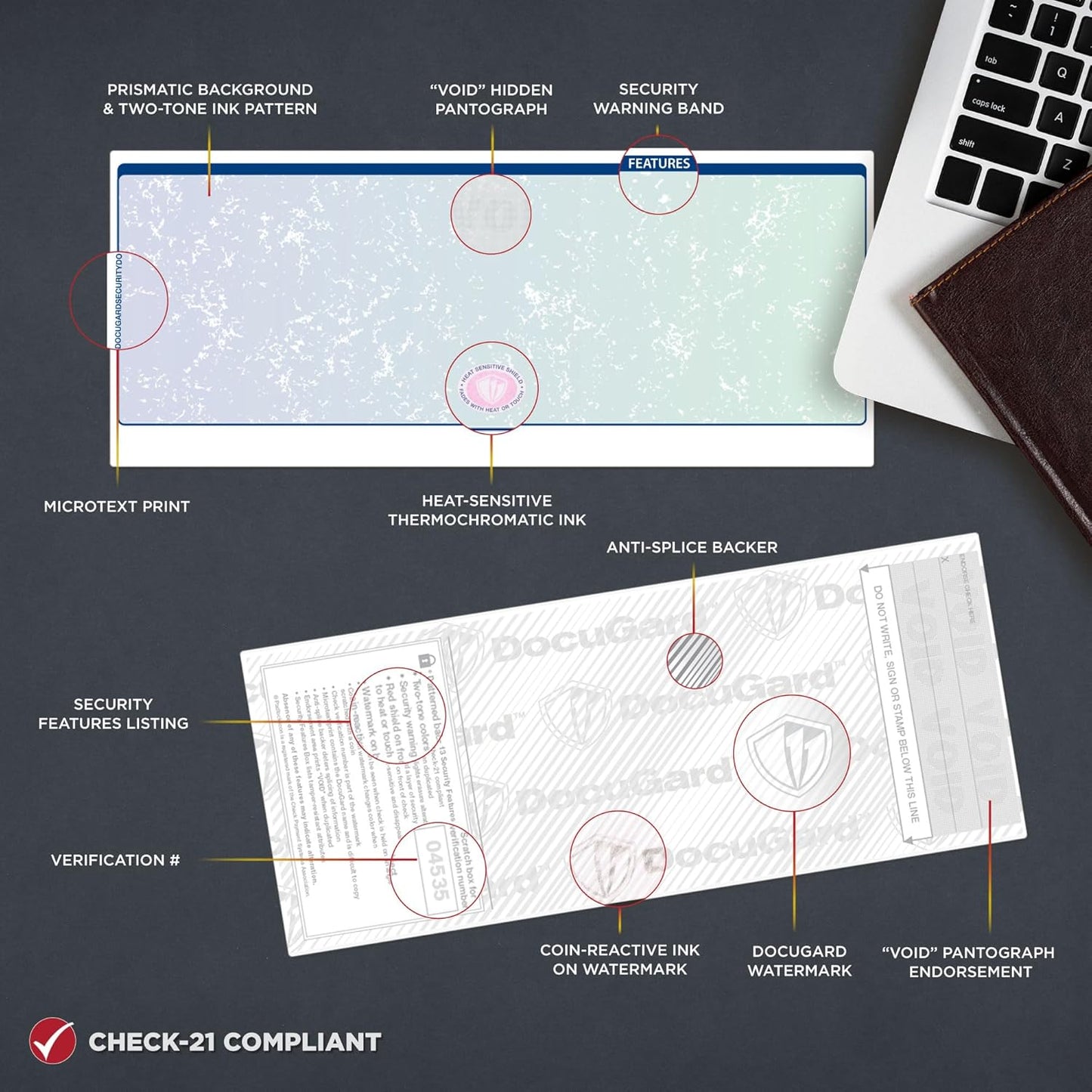 DocuGard Blue/Green Premier Prismatic Middle High Security Check Paper - QuickBooks & Laser/Inkjet Printer Compatible - 13 Security Features - 500 Blank Business Checks (04535)