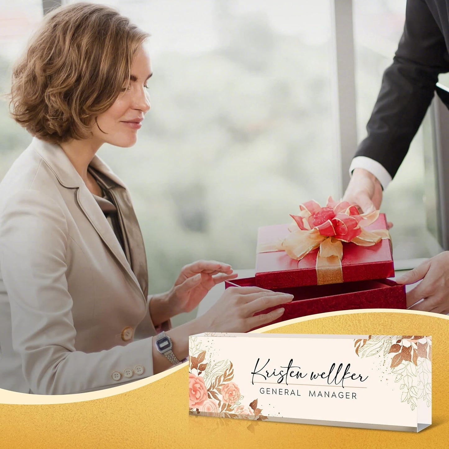 Desk Name Plate Personalized, Premium Pink Golden Hibiscus Flowers Acrylic Desk Name Plate, Personalized Name Plate for Desk, Office Decor for Women or Men Coworkers, Boss, Employee, Teacher