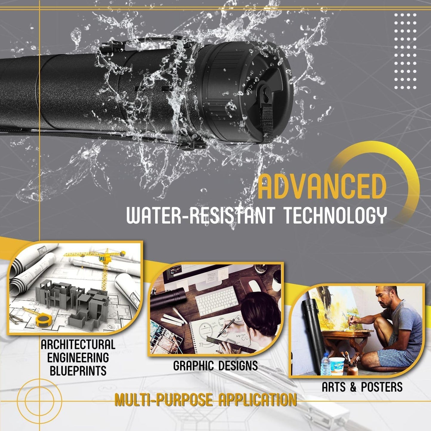 Flexzion Poster, Art, Document Tube with Strap, Expandable Waterproof Plastic Container, Telescoping Cylindrical Storage Case, Portable Paper Holder for Draft Sketch Blueprint, 4.7 IDx31.7-51.2 Inch