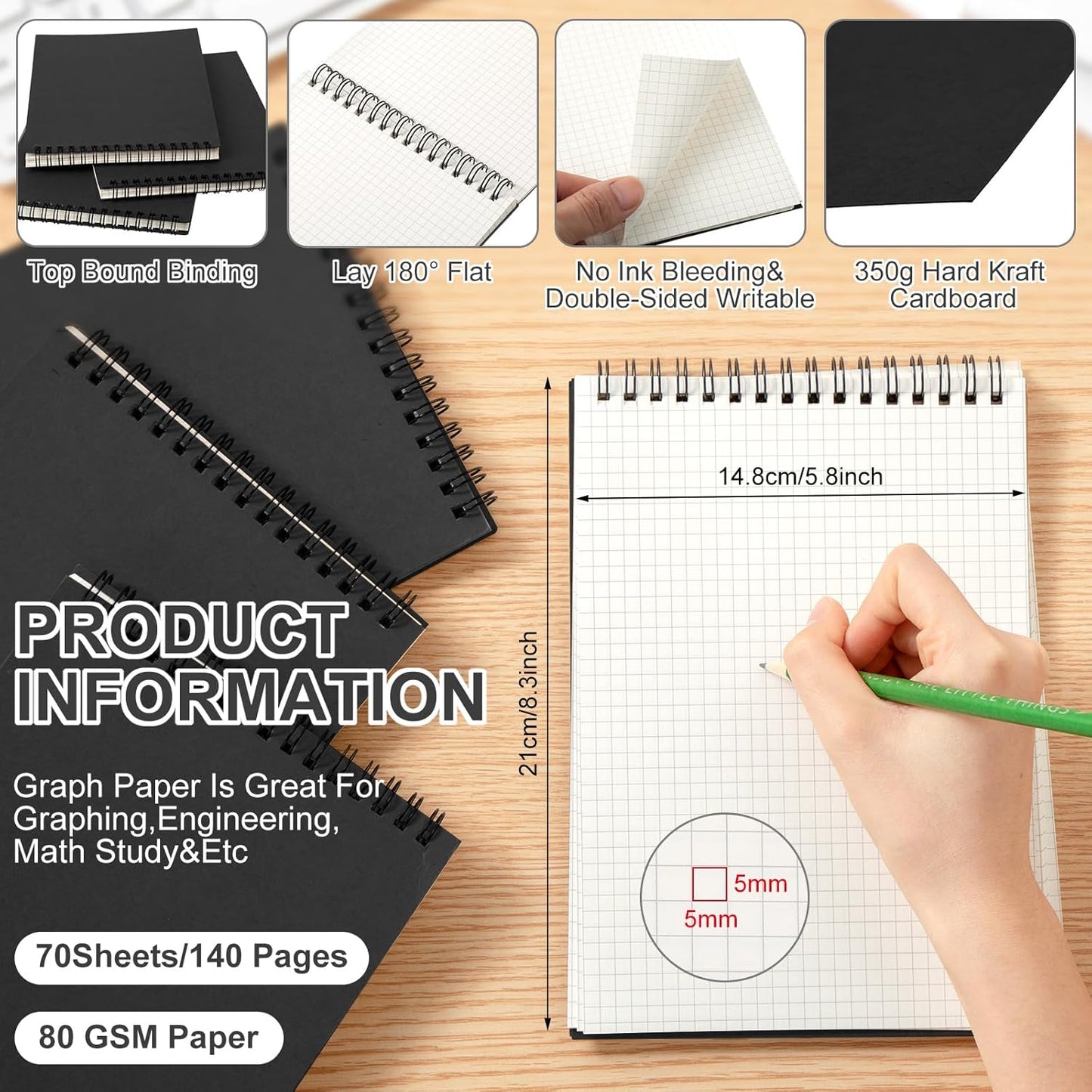 12 Pack Graph Paper Spiral Notepad A5 Top Wirebound Notepad Grid Notebook Steno Pads Memo Notebook Grid Paper 140 Pages for Writing Sketching Drawing Office Supplies (Black)