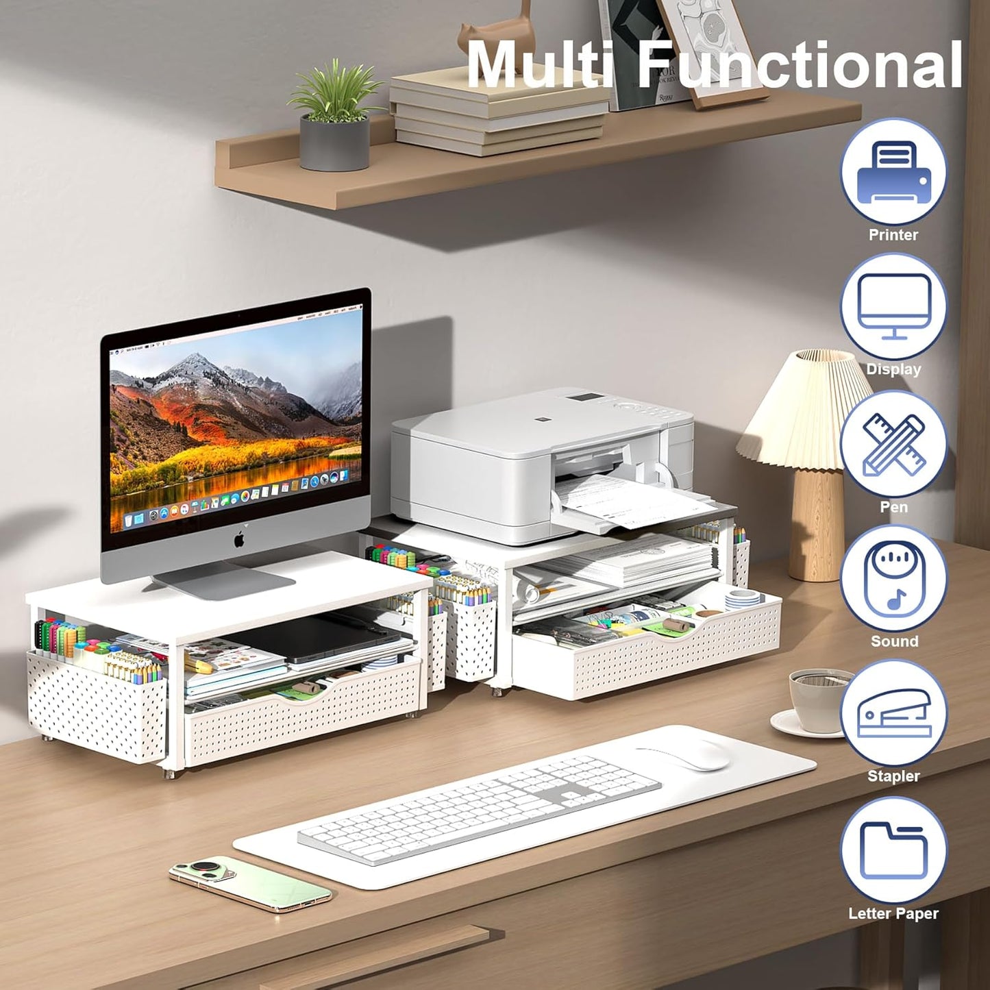 Desk Organizer and Accessories, Computer Monitor Stand Riser with Drawer and 2 Pen Holders, Office Desk Accessories & Workspace Organizers for Office Supplies (White)