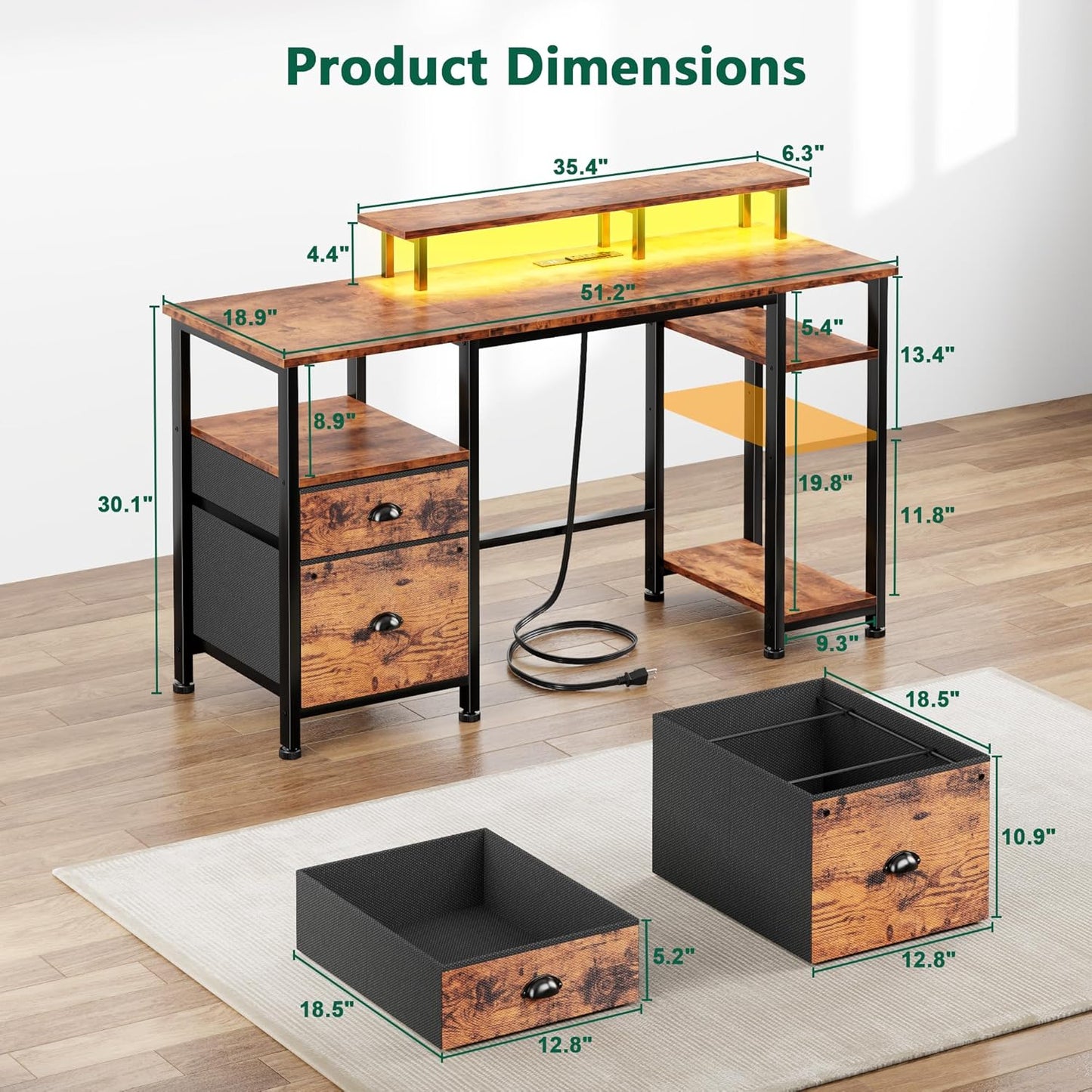 Furologee 51" Computer Desk with Power Outlet and LED Lights, Reversible Home Office Desk with File Cabinet & Monitor Stand, Large Gaming Table with Storage Shelves & Drawer, Rustic Brown