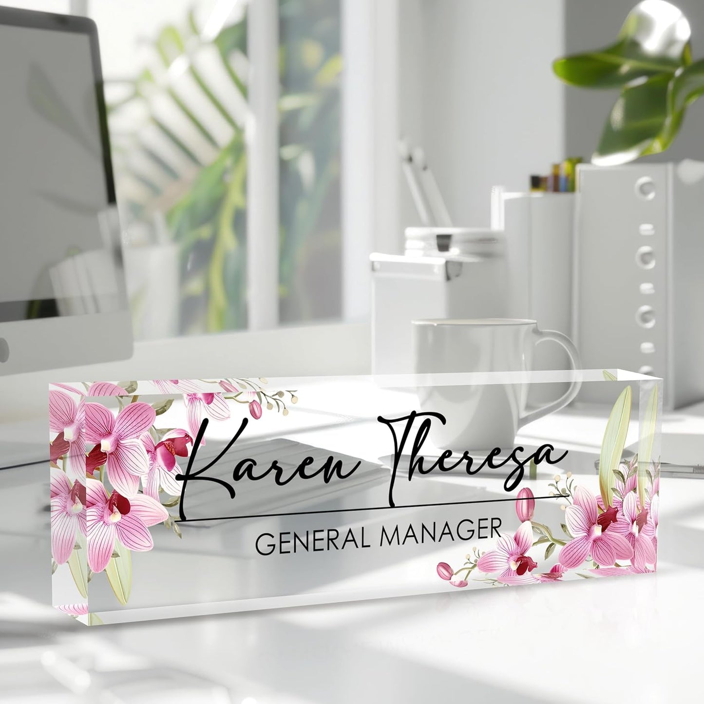 Custom Office Name Plate, Personalized Gifts for Women & Employees, Office Desk Accessory (Pink Orchid)