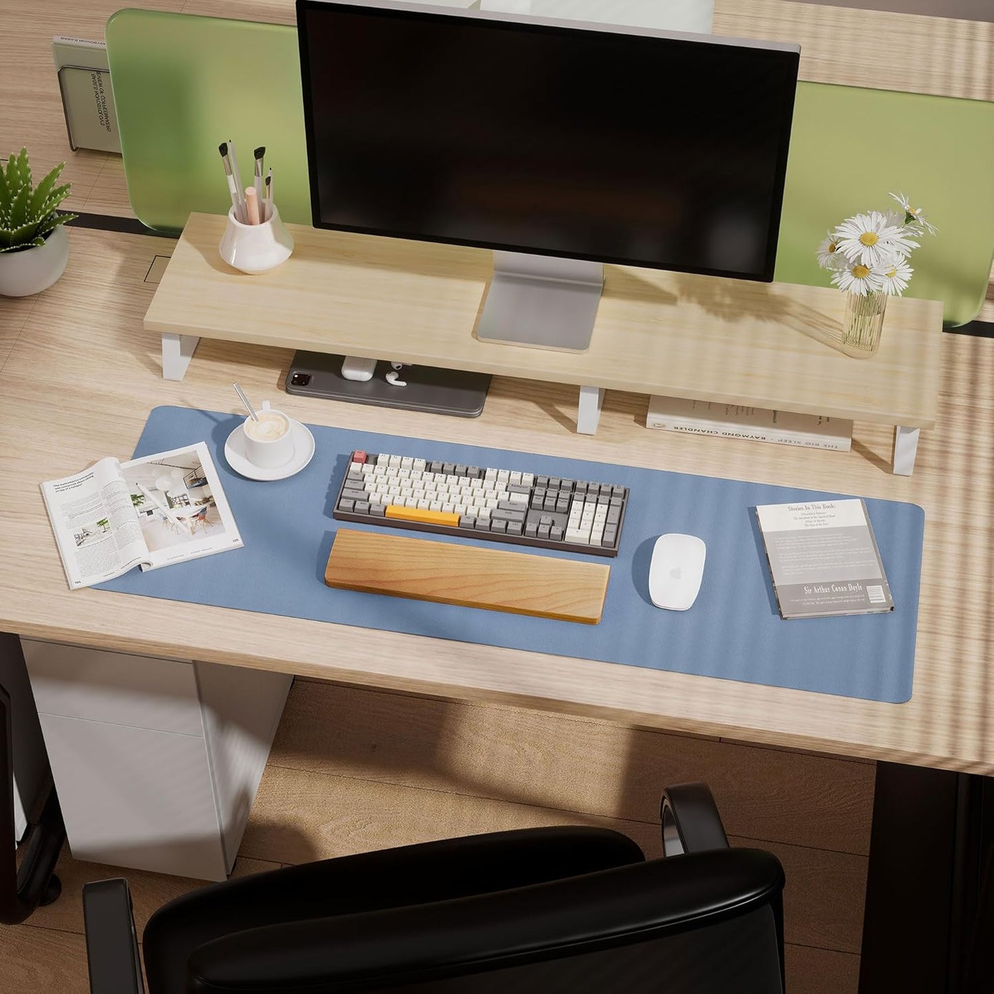 Aothia Leather Desk Pad Protector - Large Mouse Pad, Office Mat, Non-Slip PU Leather Blotter, Laptop Desk Pad, Waterproof Writing Pad for Office and Home (Denim Blue, 38" x 13.7")