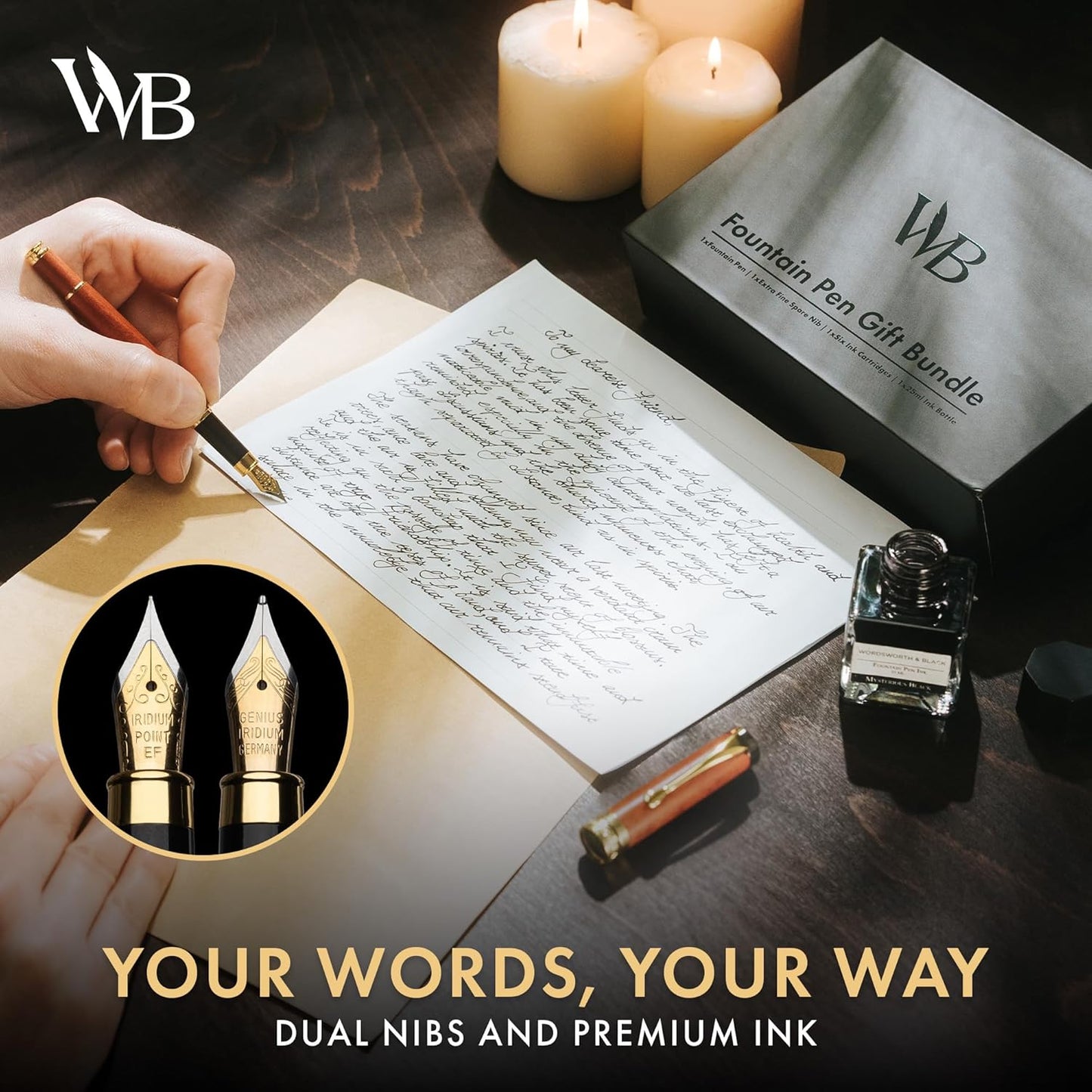 Wordsworth & Black Fountain Pen Set, Luxury Bamboo Wood - Medium Nib, Extra Fine Nib, Gift Case; 25ML Black Ink Bottle, 6 Ink Cartridges, Refill Converter - Calligraphy, Writing [Rosewood]