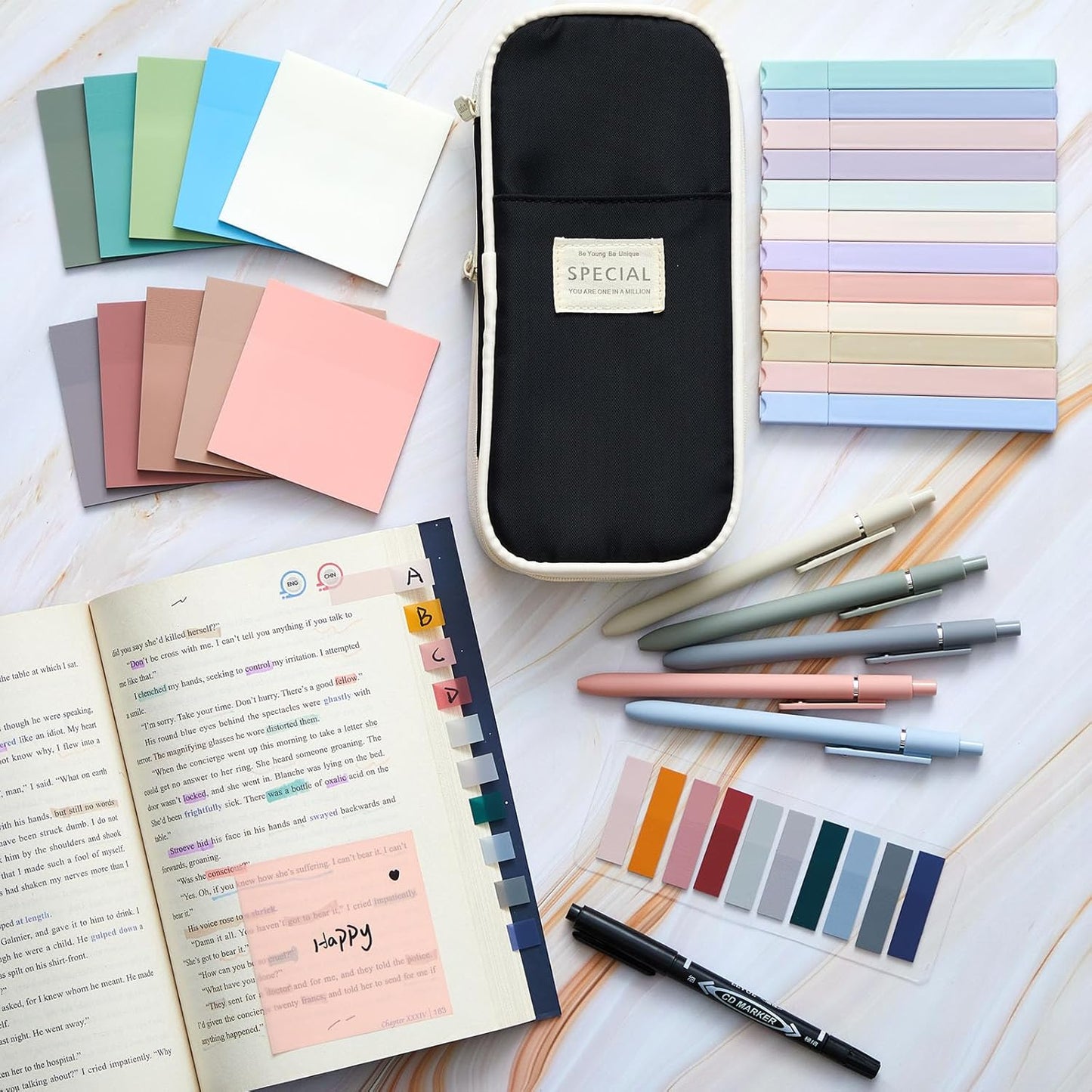 Jutom 39 Pcs Aesthetic Book Annotation Kit Highlighter with Pencil Case Bag Gel Pen Transparent Sticky Note Taking Bible Study College School Supplies(Black,Cute Style)