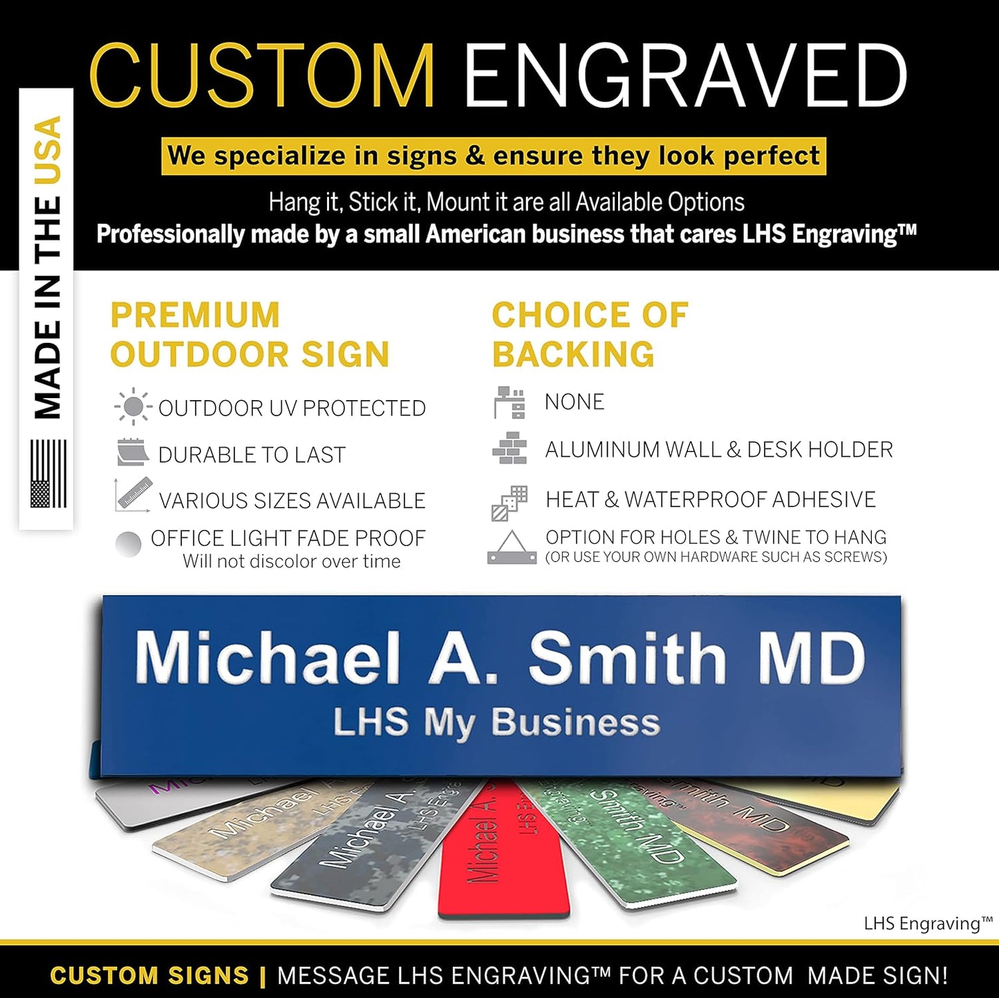 Engraved Name Plates for Door Sign Personalized Blue Plastic Plaque with White Letters - Made in USA 2x4 B9