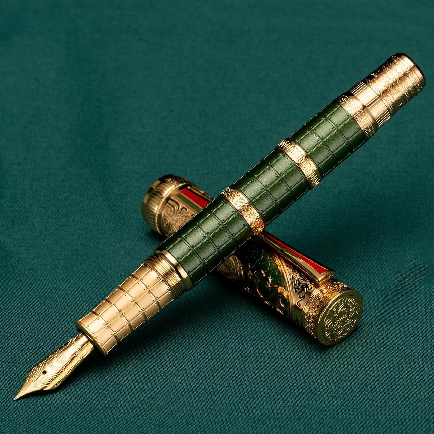 Hongdian D5X Fountain Pen - Green Qin Dynasty Retro Chinese Totem Engraving, Extra Fine Nib, Smooth Writing with Converter and Pen Box Set