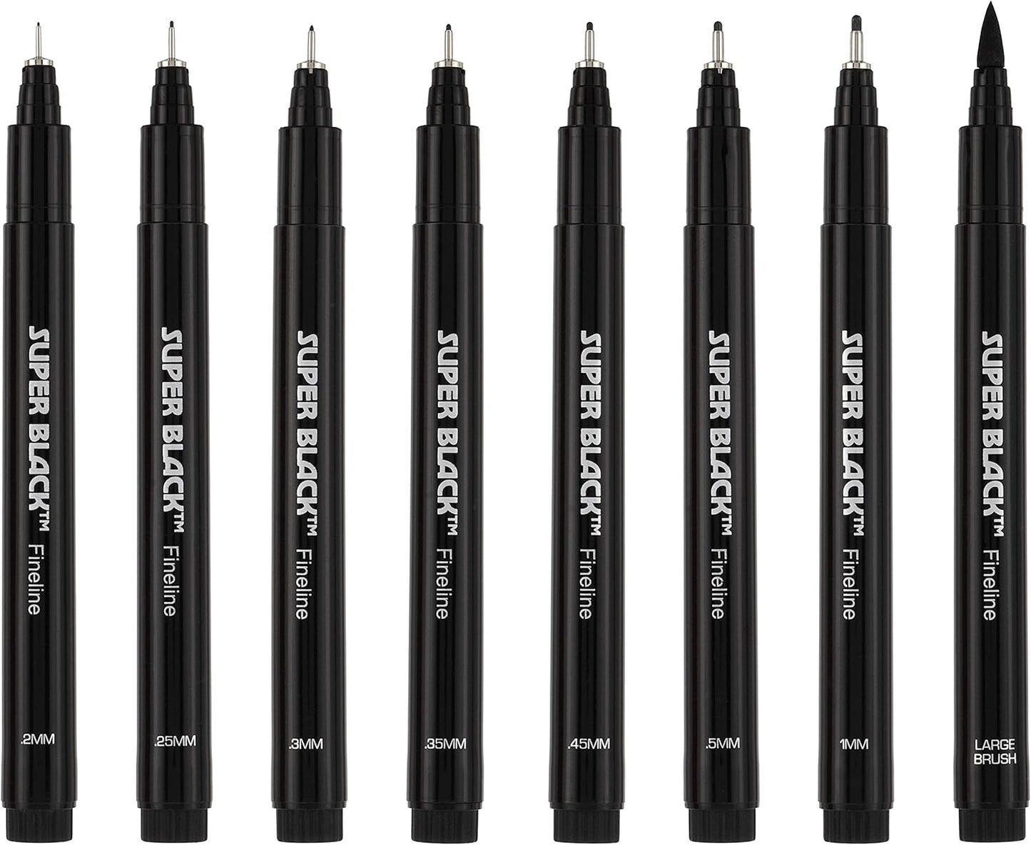 Creative Mark Ultimate Fine Line Drawing Pens Super Black, Permanent, Waterproof, & Acid-Free Assorted Tips and Large Brush Pen - [Fineliners and Sketch Set of 8]