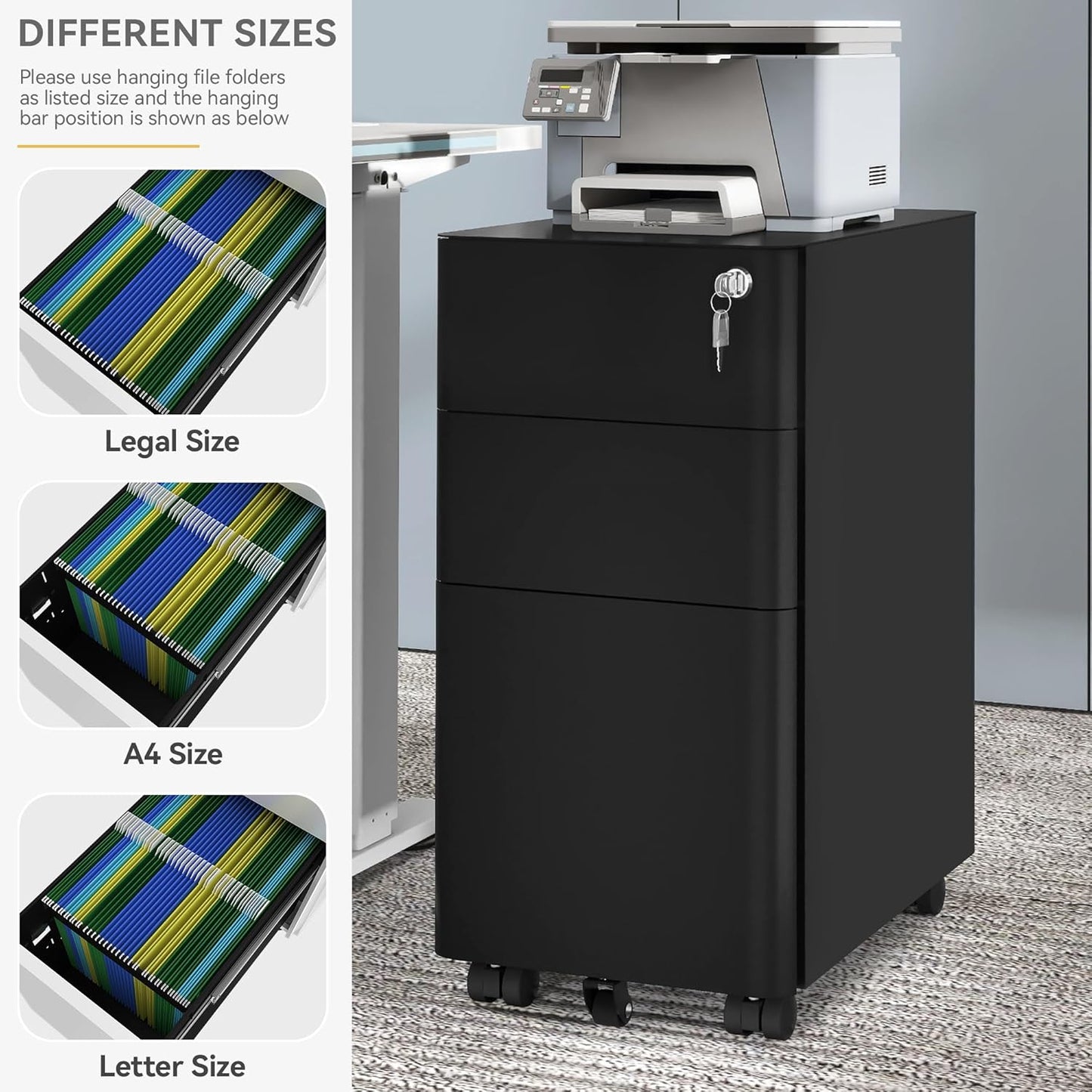 DWVO 3-Drawer Vertical File Cabinet, Mobile Filing Cabinet with Lockable, Pre-Assembled Compact Slim File Cabinet, Portable Office Storage for A4/Letter/Legal Documents (Black)