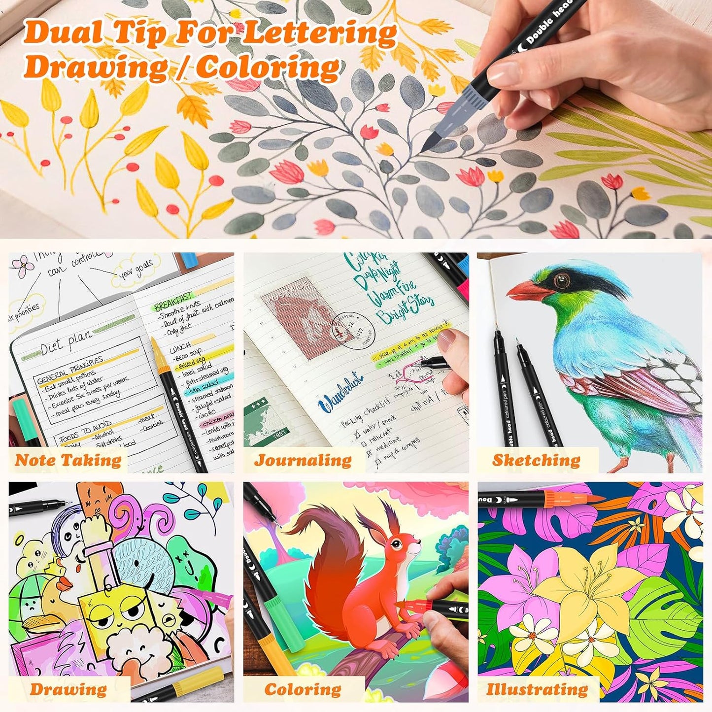 120 Colors Dual Tip Art Markers Pen for Adult Coloring Books No Bleeding, Artists Fine & Brush Tip Drawing Markers Pens for School, Journaling Painting Calligraphy Lettering Supplies for Adults Kids