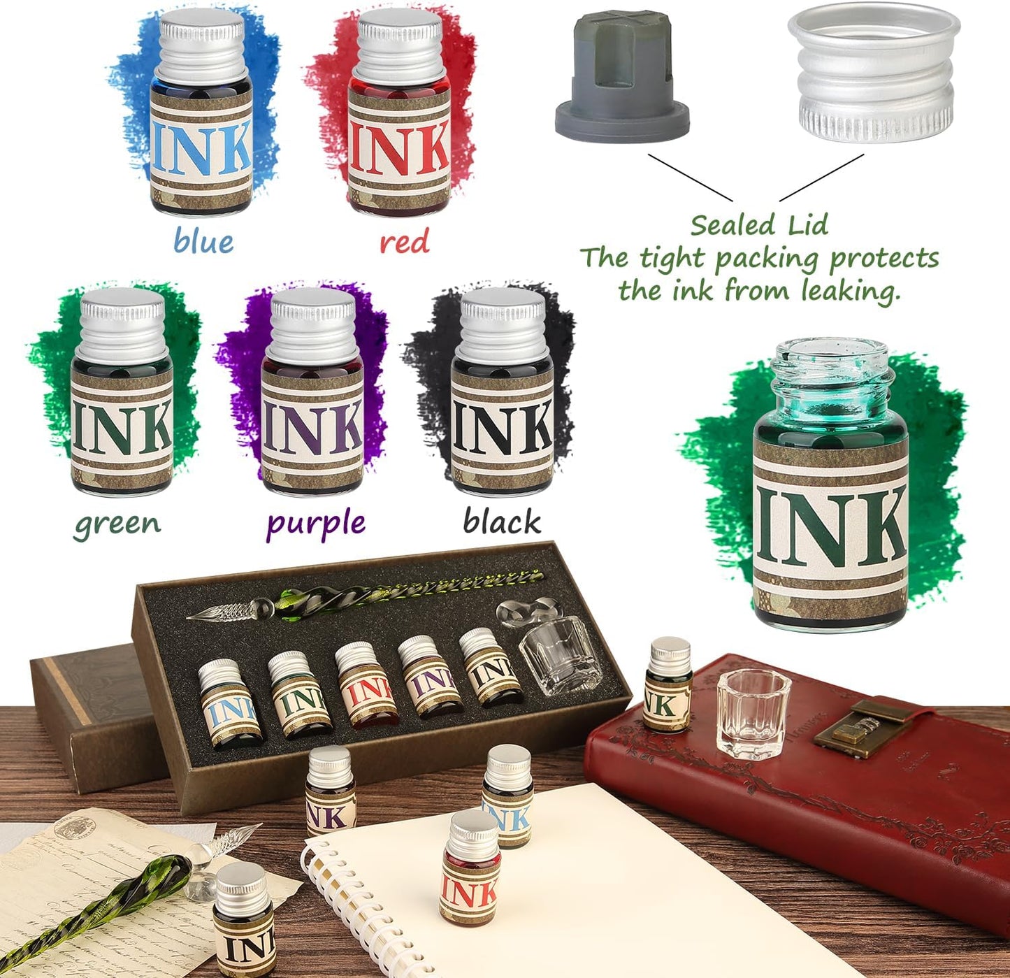 Glass Dipped Crystal Calligraphy Pen Set with 5 Colorful India Ink, 1 Pen Holder, 1 Cleaning Cup, Ink Drip Tool, Signatures, Drawing, Decoration Kits for Beginners