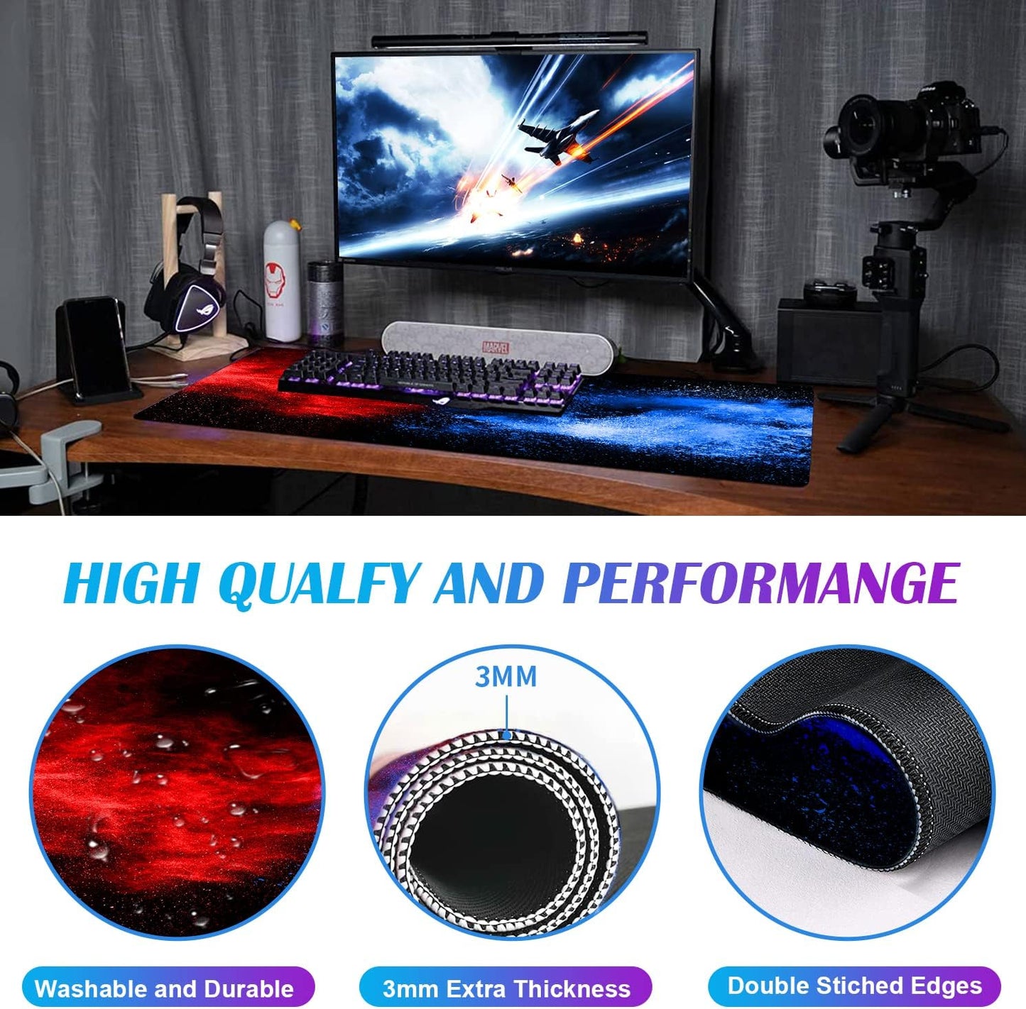 Large Extended Gaming Mouse Pad with Stitched Edges, Non-Slip Waterproof Rubber Base Mouse Pad for Office, Computer, Keyboard, Laptop and Home Desk Pad 35.4 x 15.7 x 0.12 Inch (Colorful Starry Sky)