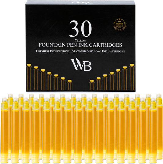 Wordsworth & Black Fountain Pen Ink Refills - Set of 30 Yellow Ink Cartridges - International Standard Size - Length APPR 2.3" - Base Diameter APPR 0.24" - Disposable and Generic