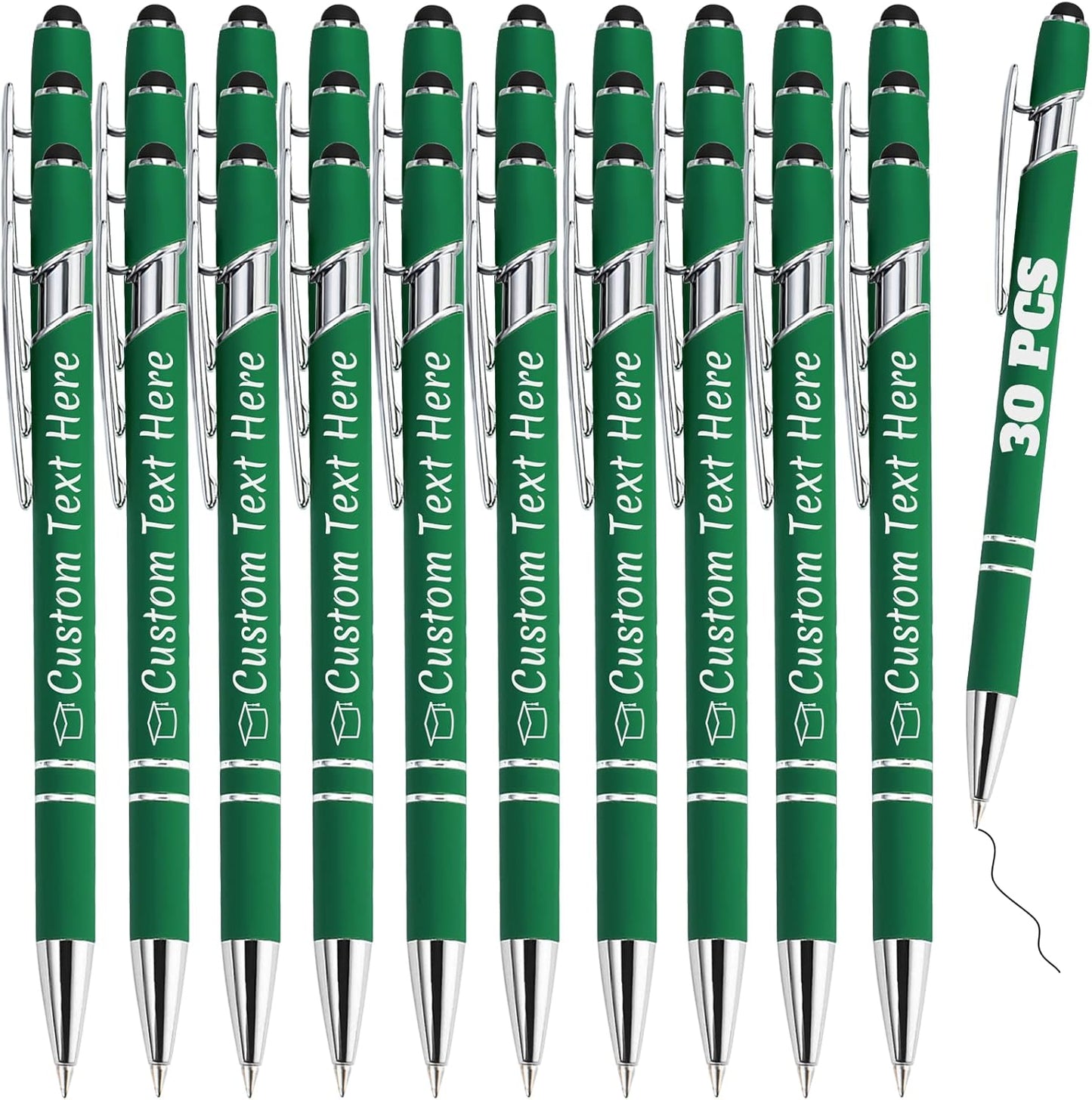 Personalized Pens Bulk 30 with Name Custom Engraving Ballpoint Pens with Stylus Tip Customized Smooth Writing Pens Personalized Gifts for Anniversary Birthday or Graduation(Dark Green,Black Ink)