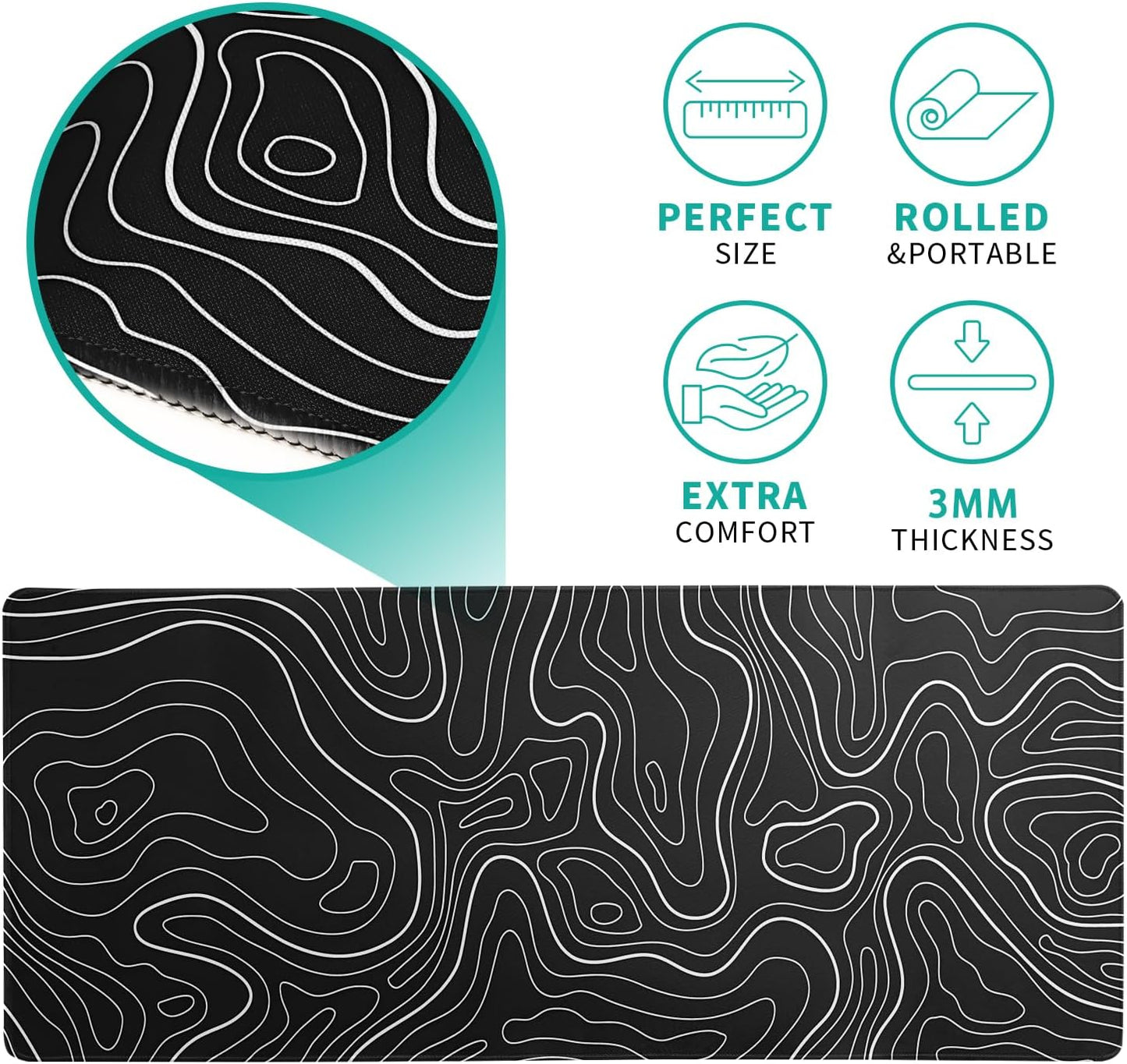 Gaming Mouse Pad Topographic Large Mousepad Keyboard 31.5 x 11.8in for Non-Slip Base and Stitched Edge, Extended Desk Pad XL Desk Mat (Black)