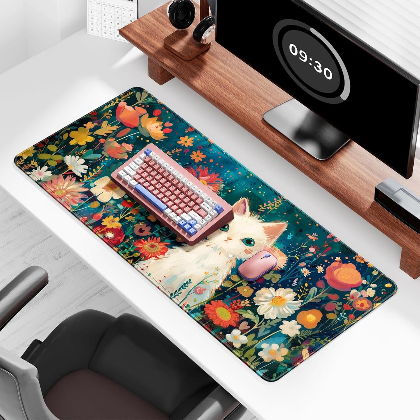Auhoahsil Large Gaming Mouse Pad, Cat Theme XXL 35.4 x 15.7 in Desk Pad Stitched Non-Slip Rubber Long Computer Mousepad Thin Extended Full Size Desk Mat for Desktop, Laptop, Wireless Mice, Red Black