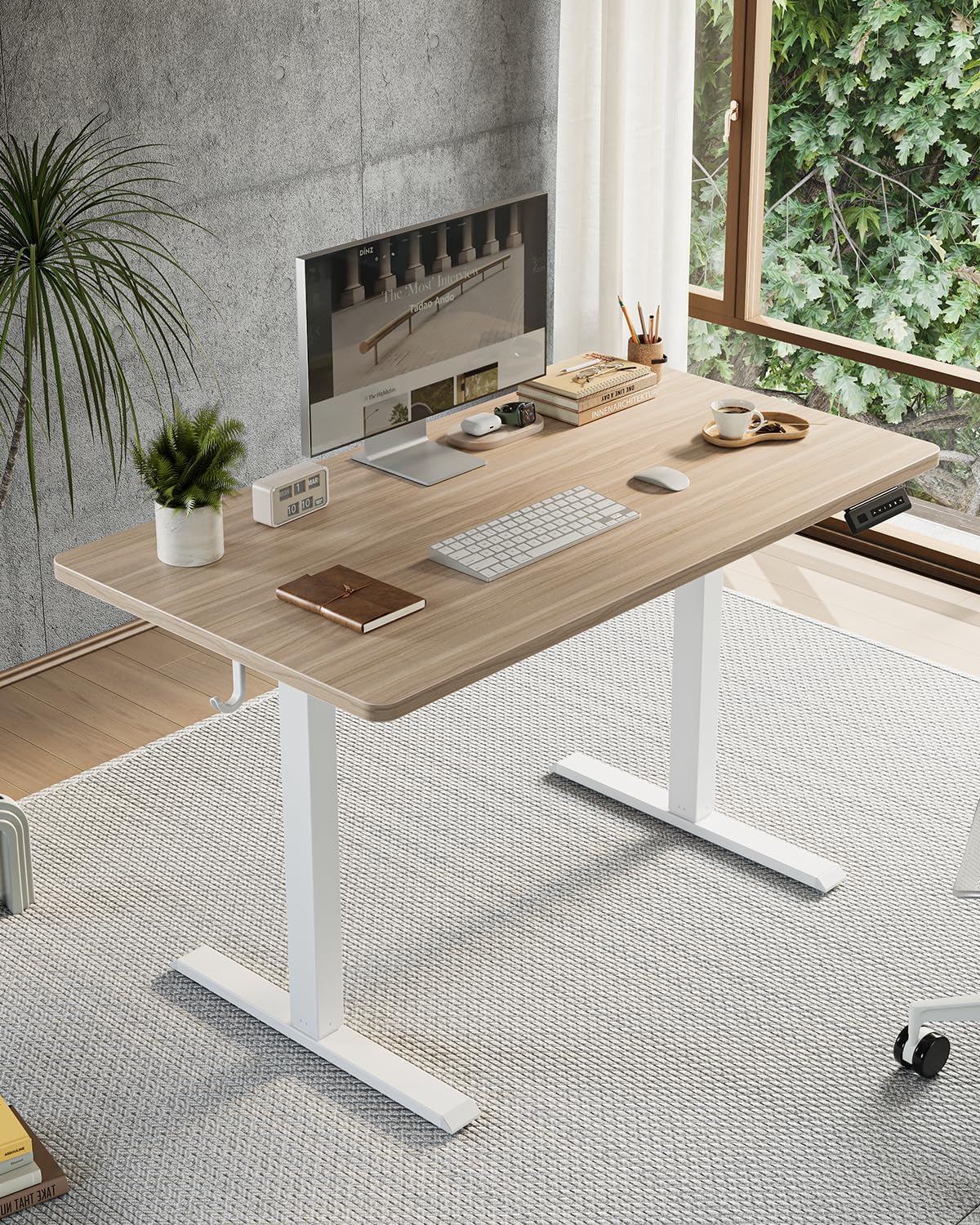 FEZIBO One-Piece Standing Desk Adjustable Height Stand up Home Office Desk, 55x24 Inch Electric Standing Computer Desk, with 4 Memory Presets, Fixable casters, Light Walnut