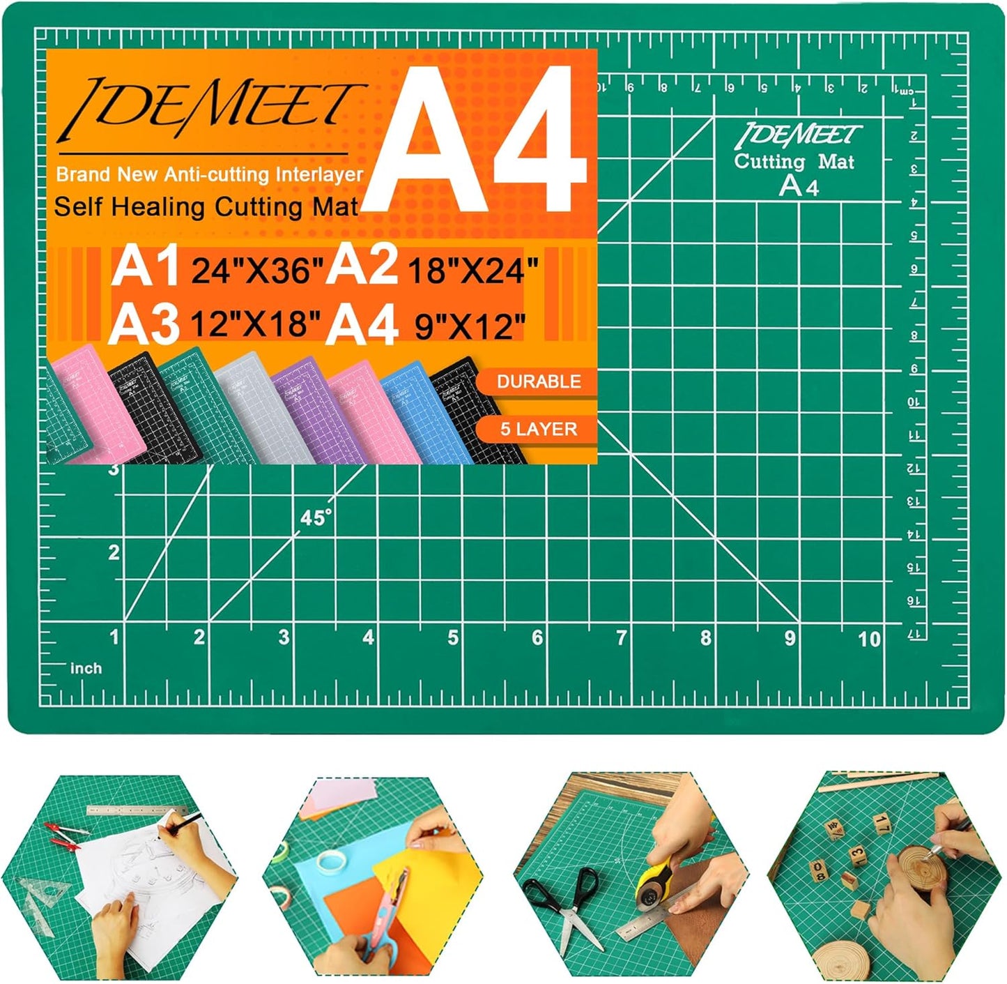Density-upgraded 9"x12" Self Healing Cutting Mat, Idemeet Rotary Sewing Mat for Crafts, 5-Ply Blade Table Protector Cut Board for Fabric Leather Cutting Quilting Modeling Hobby Project, A4, Green