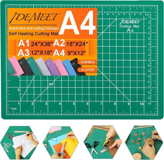 Density-upgraded 9"x12" Self Healing Cutting Mat, Idemeet Rotary Sewing Mat for Crafts, 5-Ply Blade Table Protector Cut Board for Fabric Leather Cutting Quilting Modeling Hobby Project, A4, Green