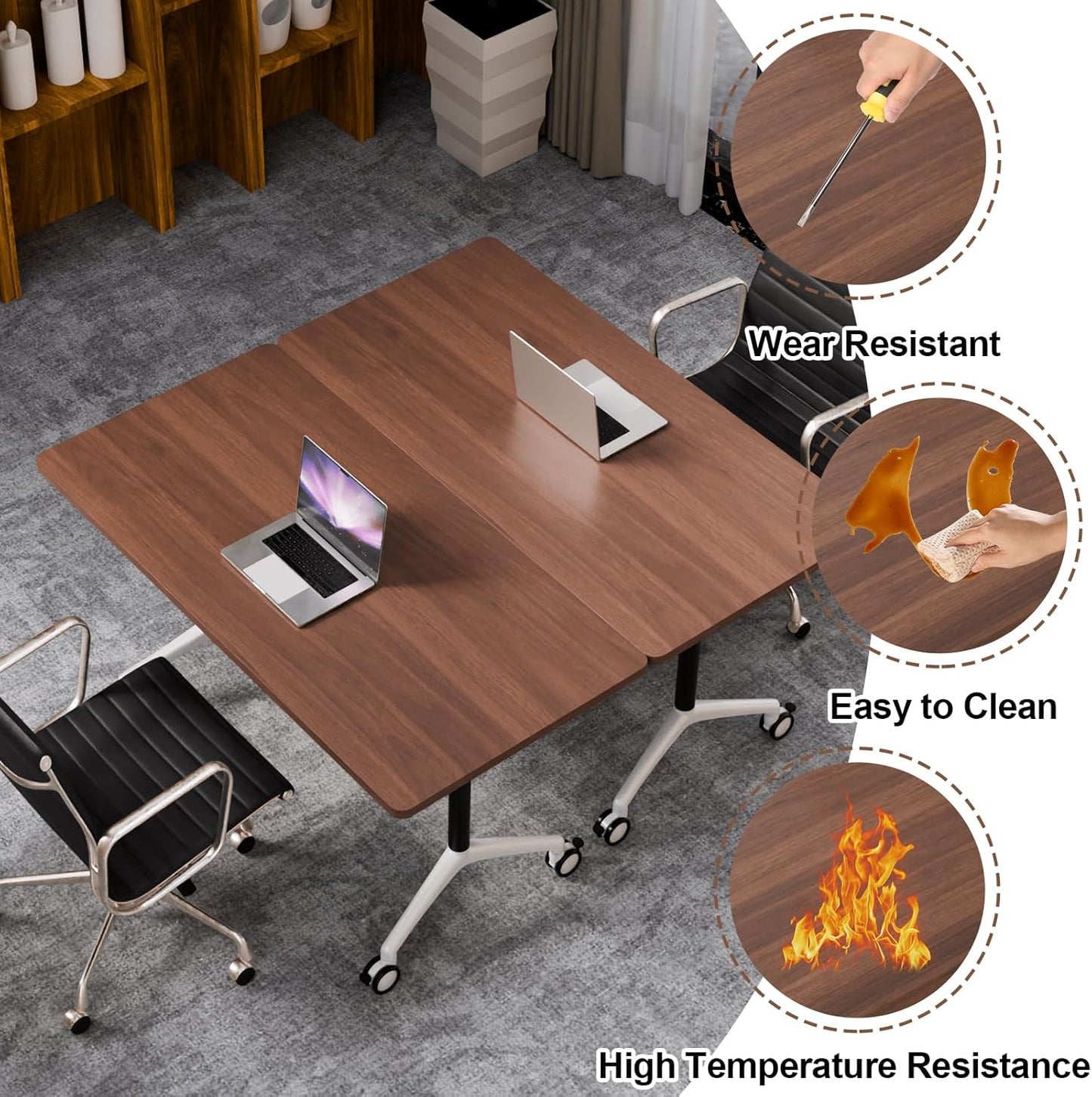 Folding Conference Table, Modern Large Conference Room Tables with Flip-Top Design, Foldable Conference Table Meeting Table with Wheels, Mobile Seminar Training Tables for Office Classroom (8, Brown)