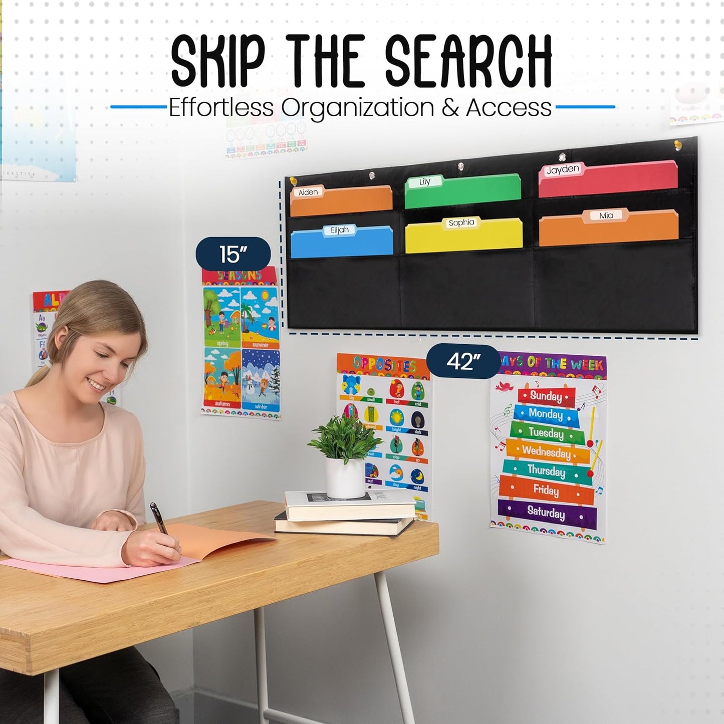 Essex Wares - 6 Pocket Horizontal File Hanging Paper Organizer for Letter Documents, Black, 42" Wide x 15.5" - Hanging Pocket File Organizer - Black Pocket Chart for Classroom & Office - 6 Pockets