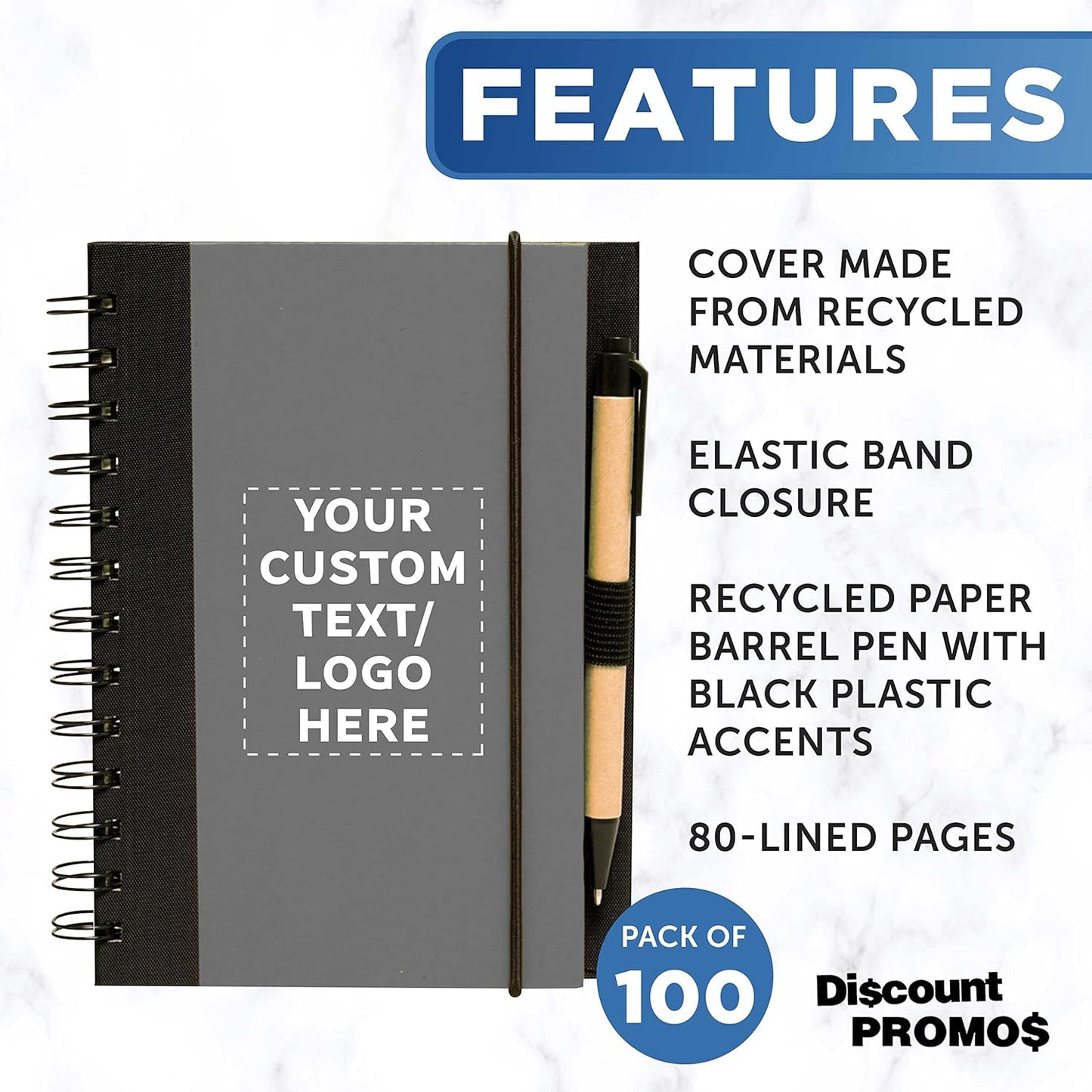 DISCOUNT PROMOS Custom Eco Block Notebooks with Pens Set of 100, Personalized Bulk Pack - Perfect for School, Office, Business, Home - Smoke