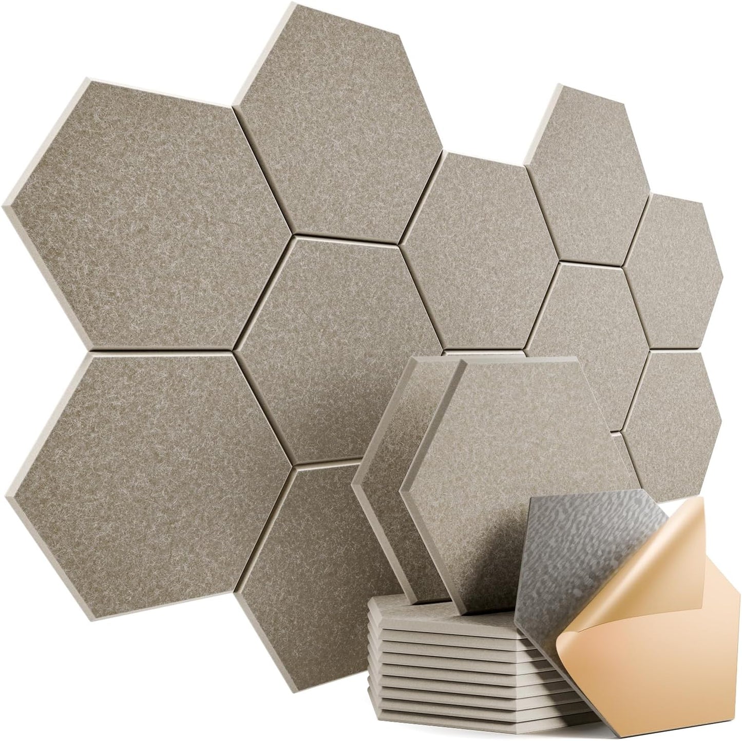 12 Pack Self-adhesive Acoustic Panels 12" X 10" X 0.4" - Sound Proof Foam Panels with High Density, Stylish Hexagonal Design, Flame Resistant, Absorb Noise and Eliminate Echoes(Camel)