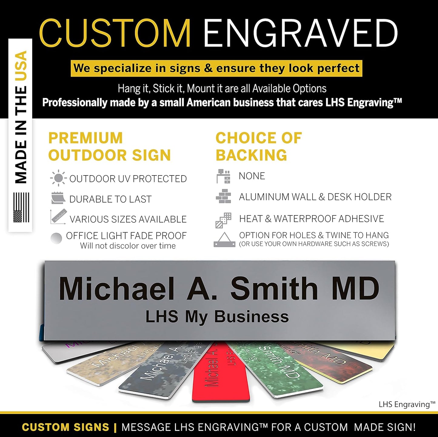 Door Name Plate Personalized for Office Gray Plastic Name Plate Black Letters - Made in USA 2x4 B8