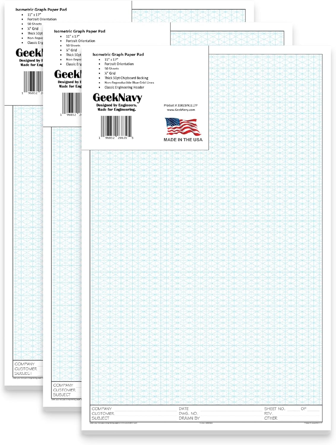 11" x 17" Isometric Graph Paper 50 Sheets Portrait - 0.25" Grid, Non-photo Blue, High Brightness, Drafting, Engineering, Art, 3D Design (3-Pack)