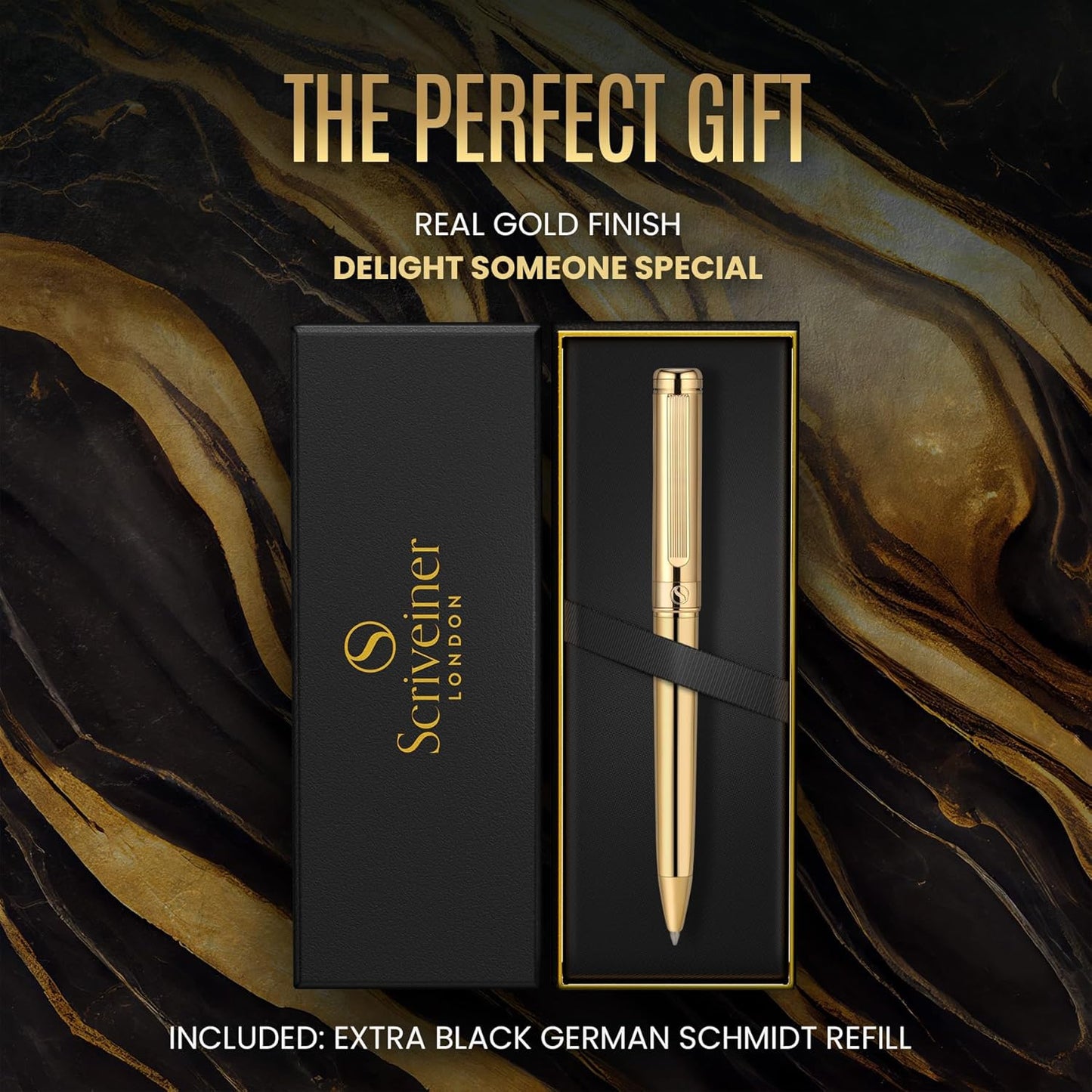 Scriveiner Gold Ballpoint Pen - Stunning Luxury Pen, Real Gold Plating, Schmidt Black Refill, Best Ball Pen Gift Set for Men & Women, Professional Executive Office, Nice Fancy Designer Pens