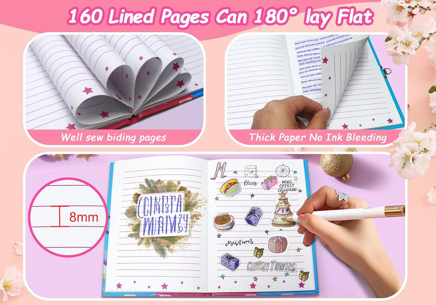 Girls Diary with Lock for Kids, 7x5.25 Inches 160 Lined Pages Secret Pink Girly Notebook for Girls Journal with Lock for Kids Pre School Writing Drawing Cute Girls Gifts for Birthday