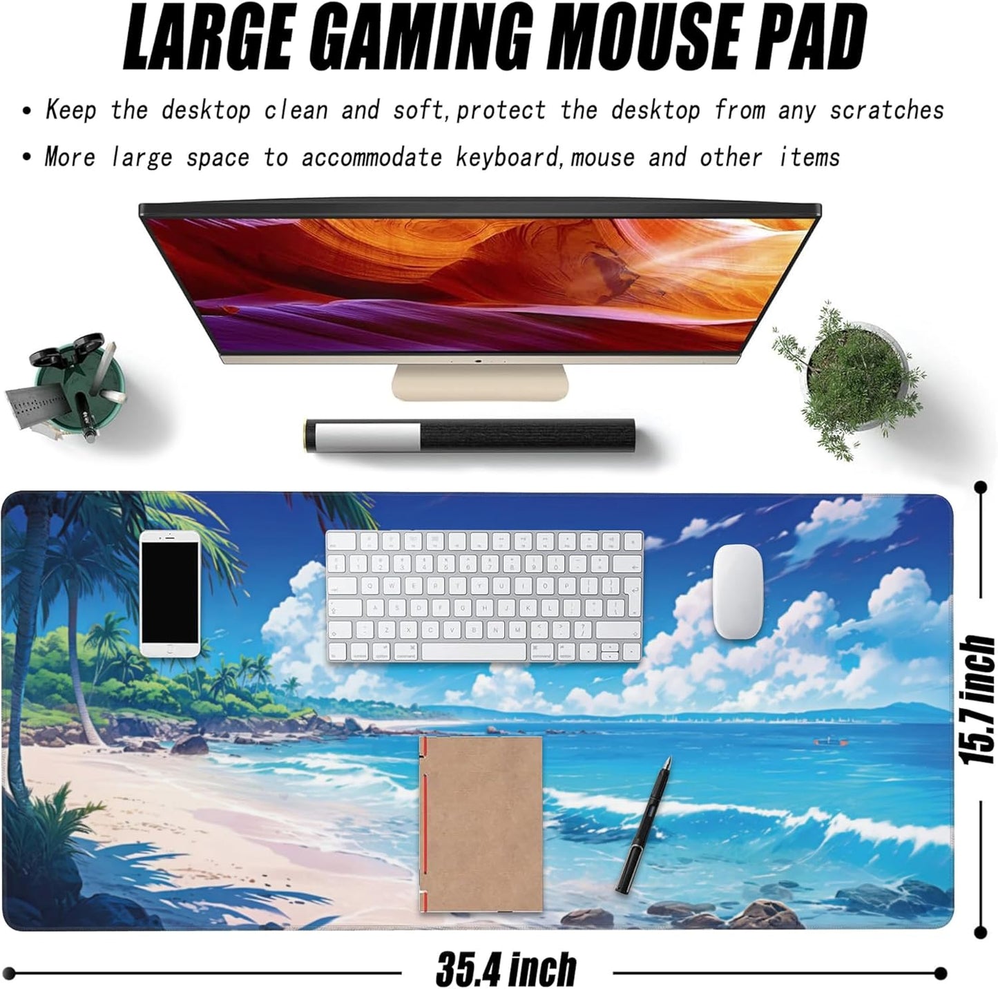 Extended Large Gaming Mouse Pad, Anime Cartoon Large Desk Mat for Desktop XXL, Non-Slip Rubber Base Stitched Edges Long Computer Keyboard Desk Pad Mouse Mat for Gaming Home Office 35.4"X15.7"