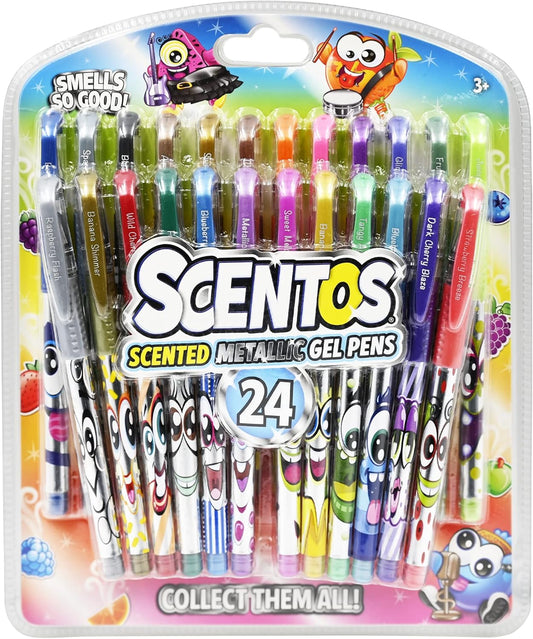 Scentos 24-Pack Scented Metallic Gel Pens for Kids – Non-Toxic Gel Ink for Drawing, Coloring & Journaling – Sweet Scents – Safe Art Supplies for Ages 3+