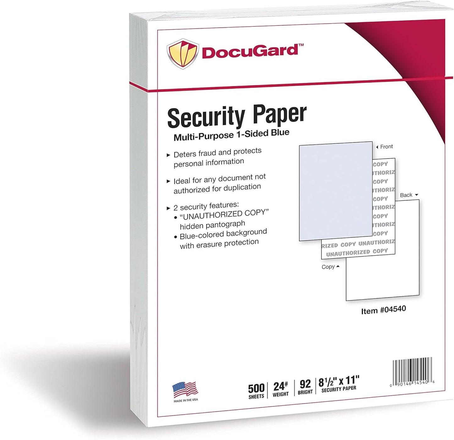 DocuGard Standard Blue Multi-Purpose Security Paper - Fraud Prevention - 2 Security Features - Laser & Inkjet Printer Compatible - 8.5" x 11“ - 24 lb - 500 Sheets (04540)