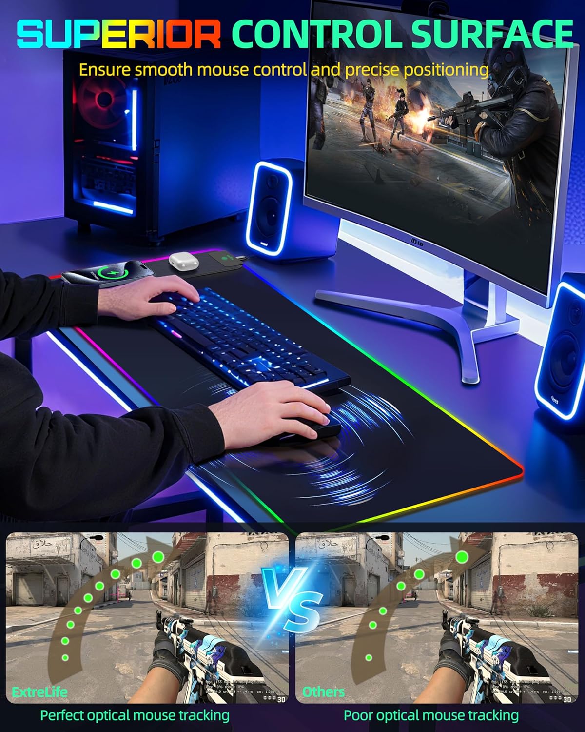 Upgraded Mouse Pad with Wireless Charging, RGB Gaming Desk Mat, 31.5"x15.7" Large XXL Desk Pad, 15 Light Modes, Ultra-Smooth Surface, Non-Slip Mouse Mat, Waterproof Computer Keyboard Pad, Black