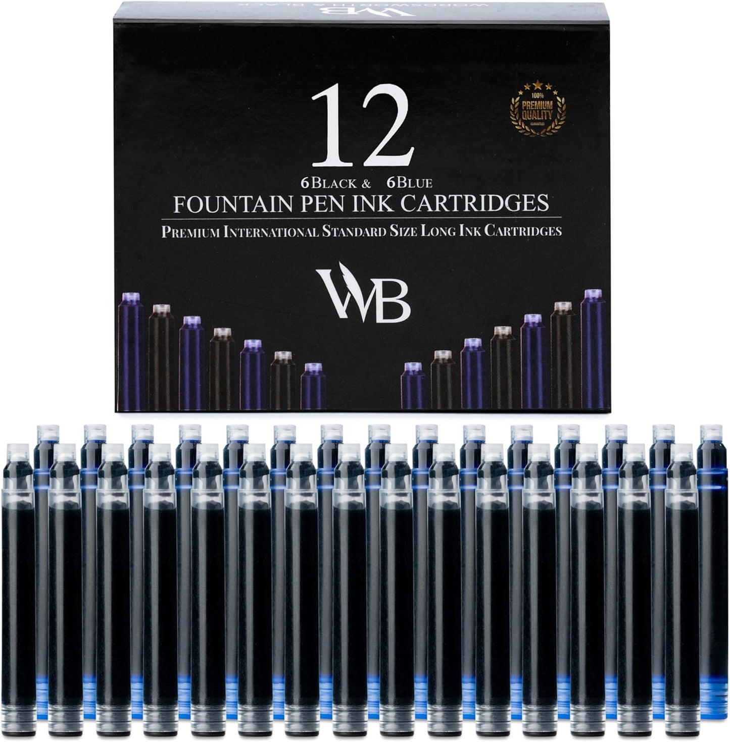 Wordsworth & Black 12 Pack Fountain Pen Ink Refills - Set of 6 Black - 6 Blue Ink Cartridges - International Standard Size - Length APPR 1.5" - Base Diameter APPR 0.24" - Disposable and Generic