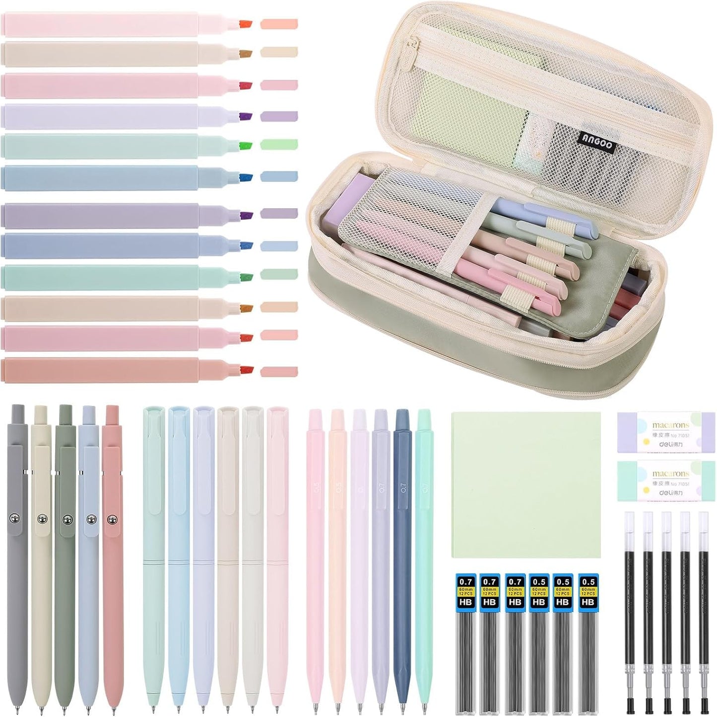 SKYDUE Cute School Supplies 44 PCS, Aesthetic Pencil Case with 12 Pastel Highlighters, 5 Black Gel Pens, 6 Color Gel Pens & Mechanical Pencils, College Essentials Students Stationary Set Green