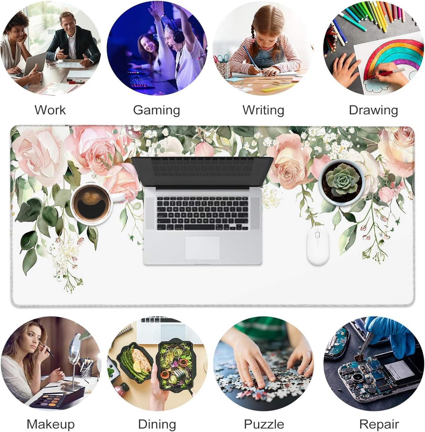 Desk Mat, Watercolor Pink Peony Flowers and Leaves Large Gaming Mouse Pad with Non-Slip Base Stitched Edges,Desk pad for Keyboard and Mouse Home Office 35.4"x15.7"